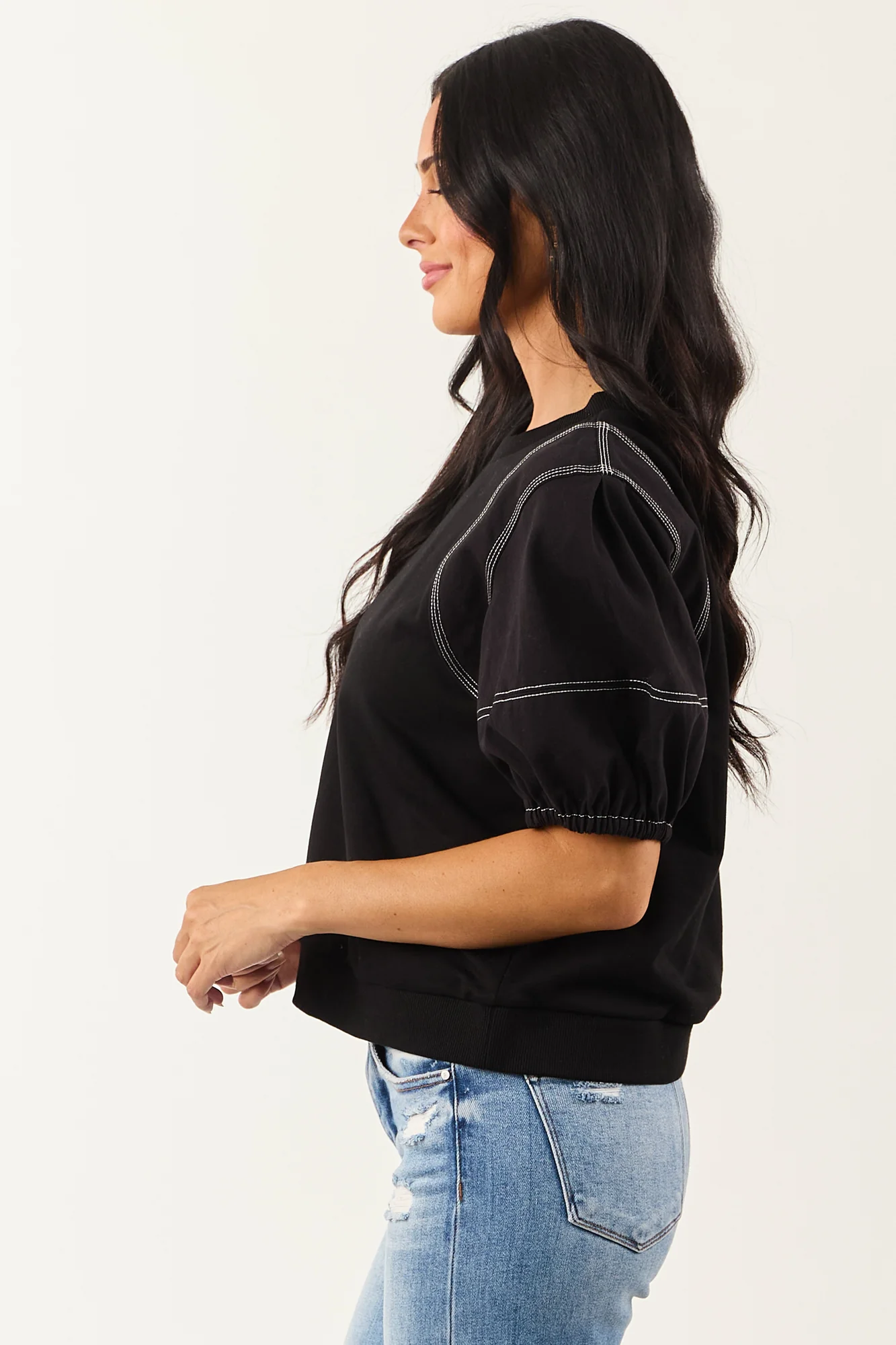 Black Cotton Contrast Seam Half Sleeve Top