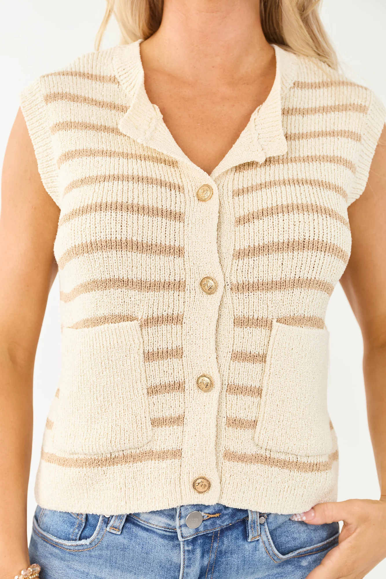 Cream Striped Knit Vest