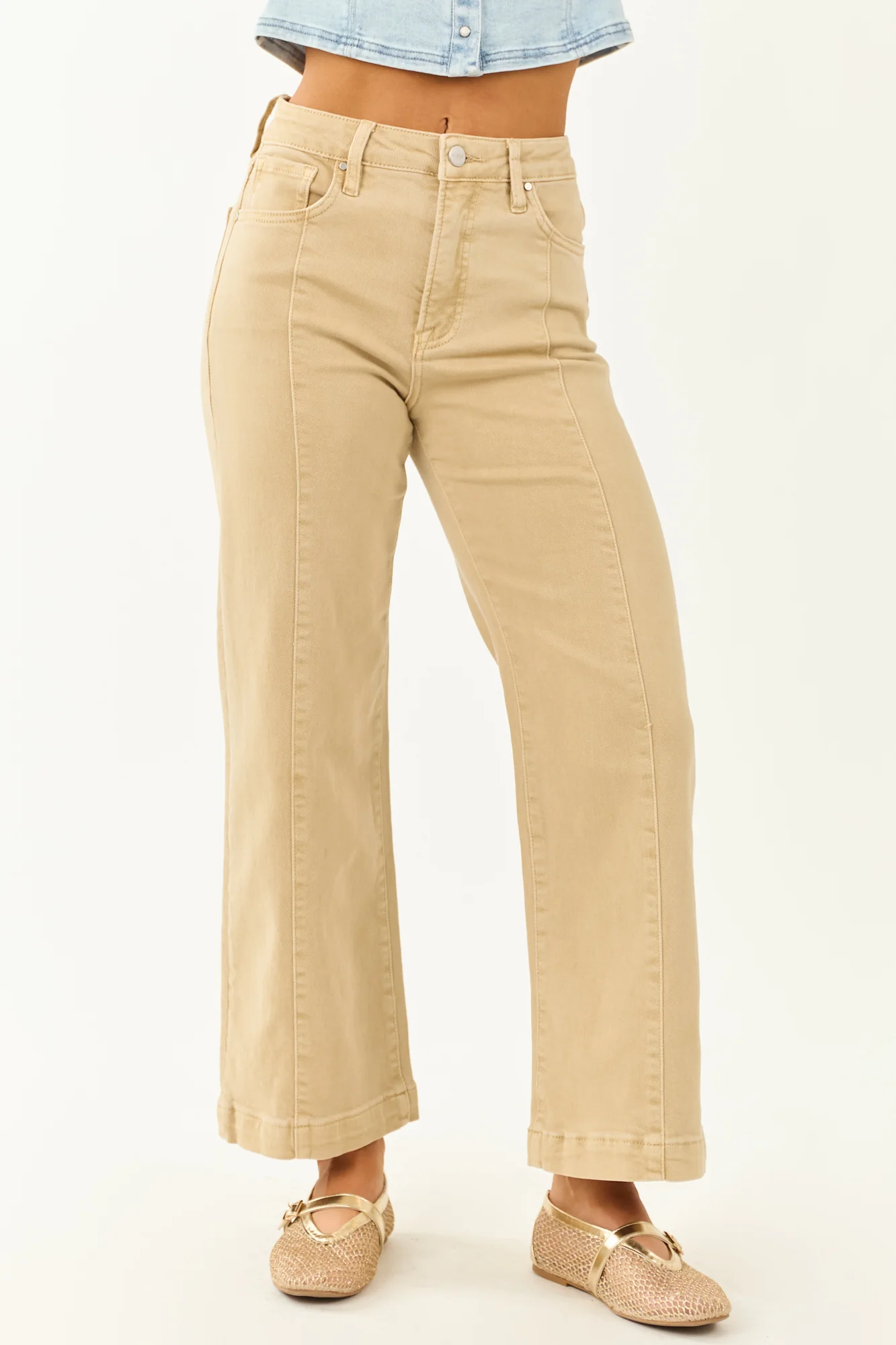 Beige Tummy Control Stretchy Wide Leg Jeans
