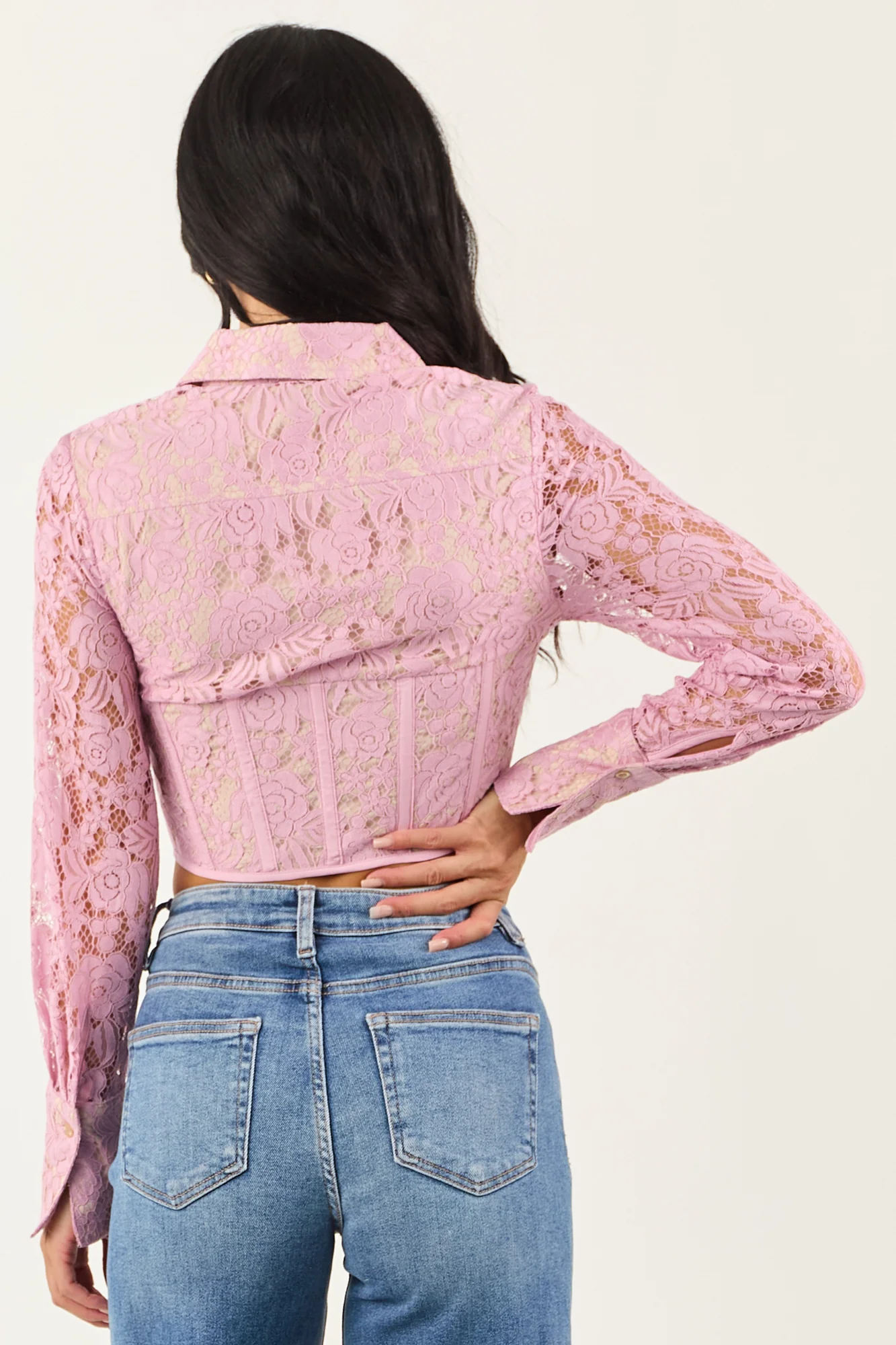 Pink Floral Lace Button Down Semi-Cropped Top