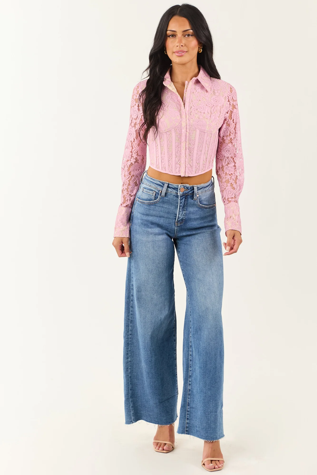 Pink Floral Lace Button Down Semi-Cropped Top