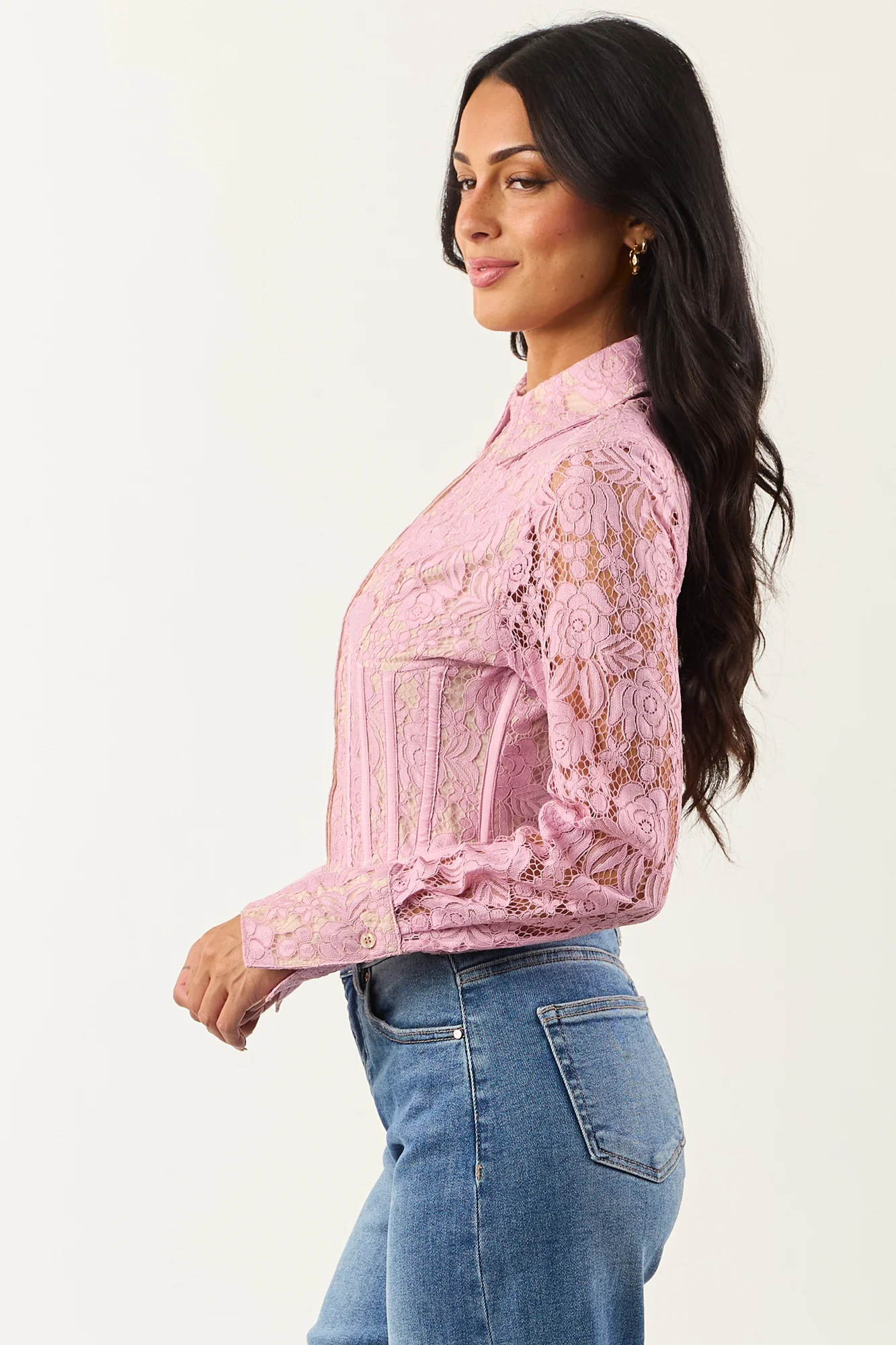 Pink Floral Lace Button Down Semi-Cropped Top