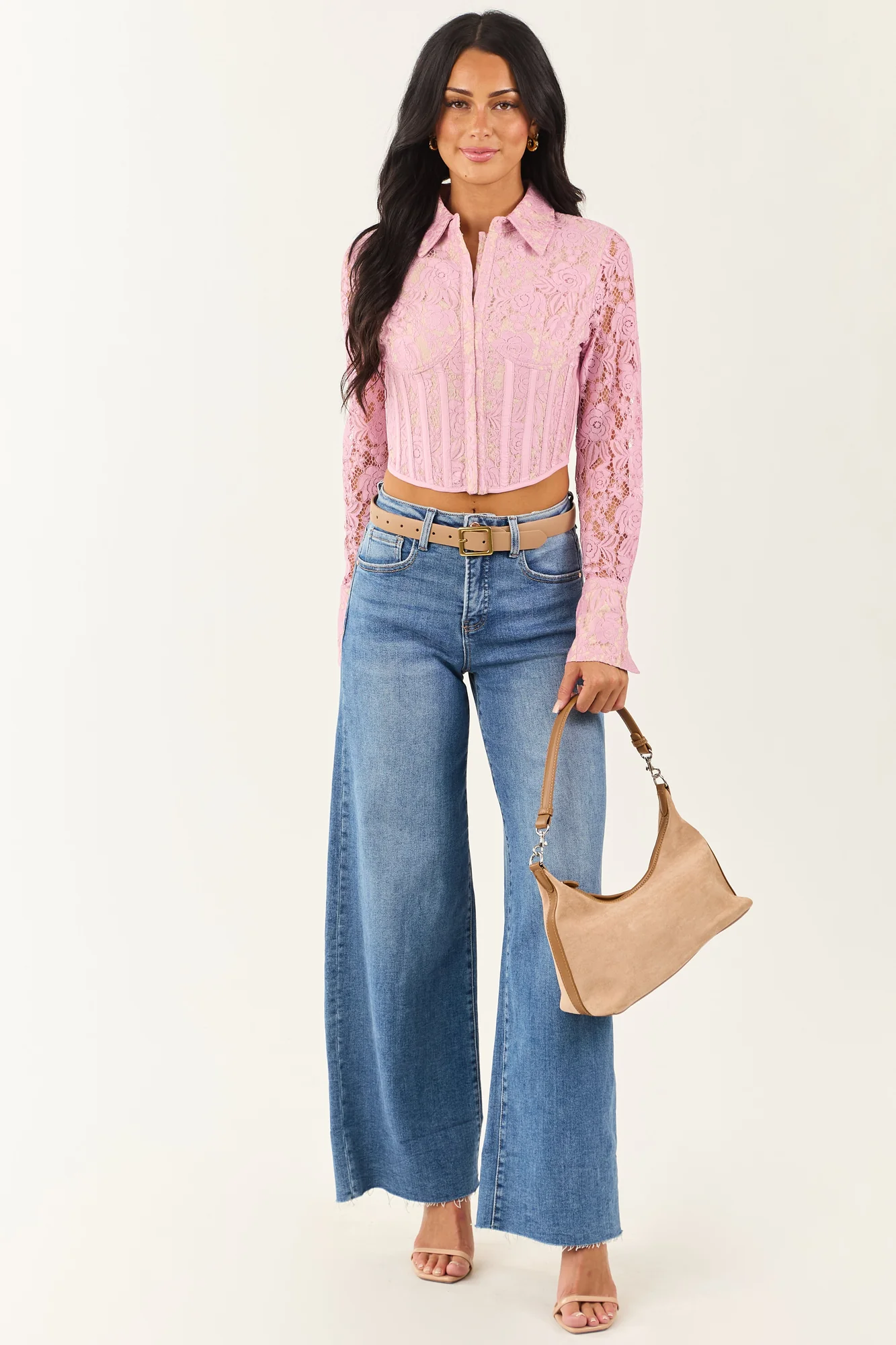 Pink Floral Lace Button Down Semi-Cropped Top