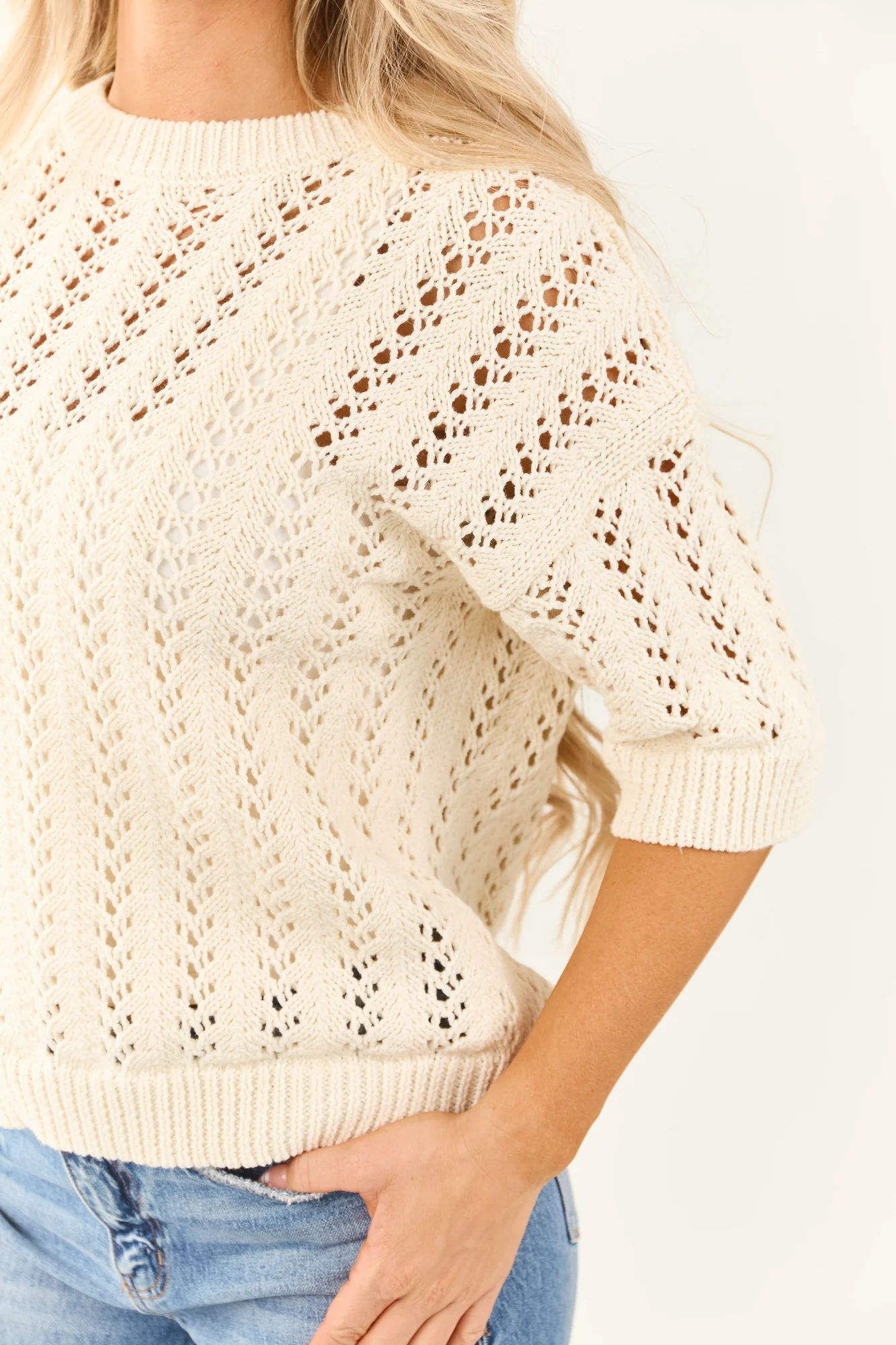 Cream Crochet Knit Sweater Top
