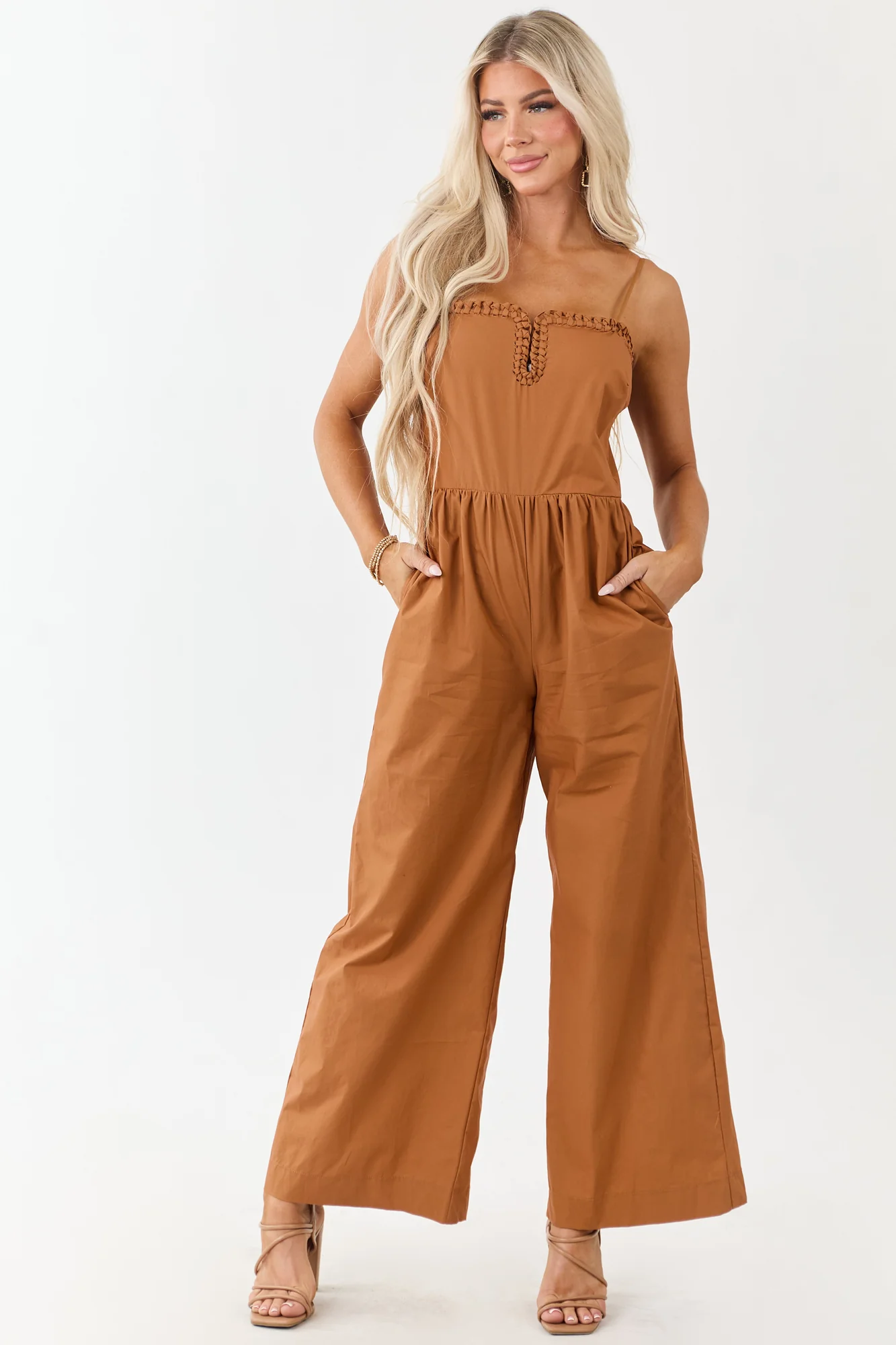 Orange Cotton Wide Leg Jumpsuit with Notch Neckline
