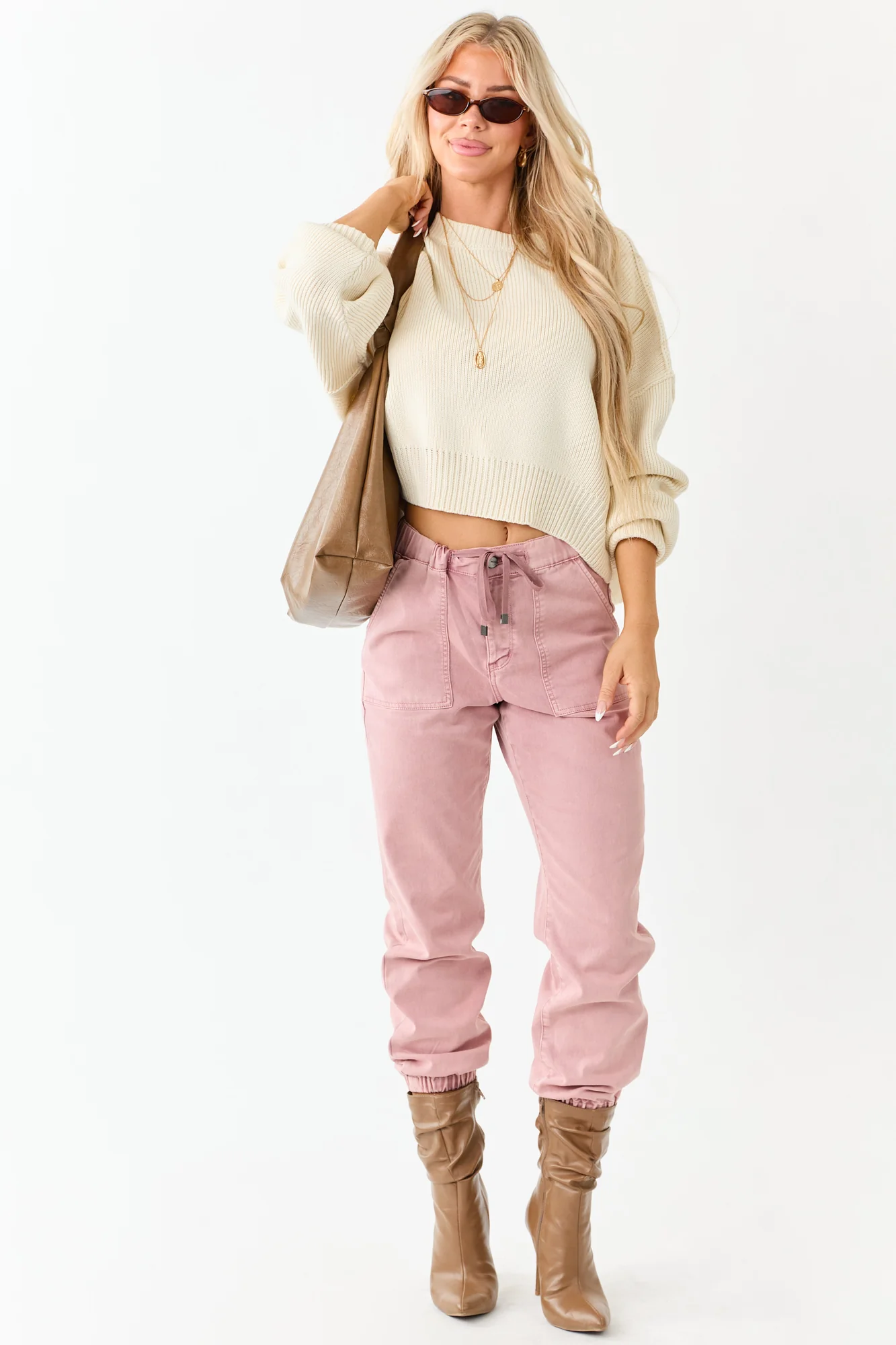 Dusty Rose Cropped Jogger Jeans Womens Elastic Waistband