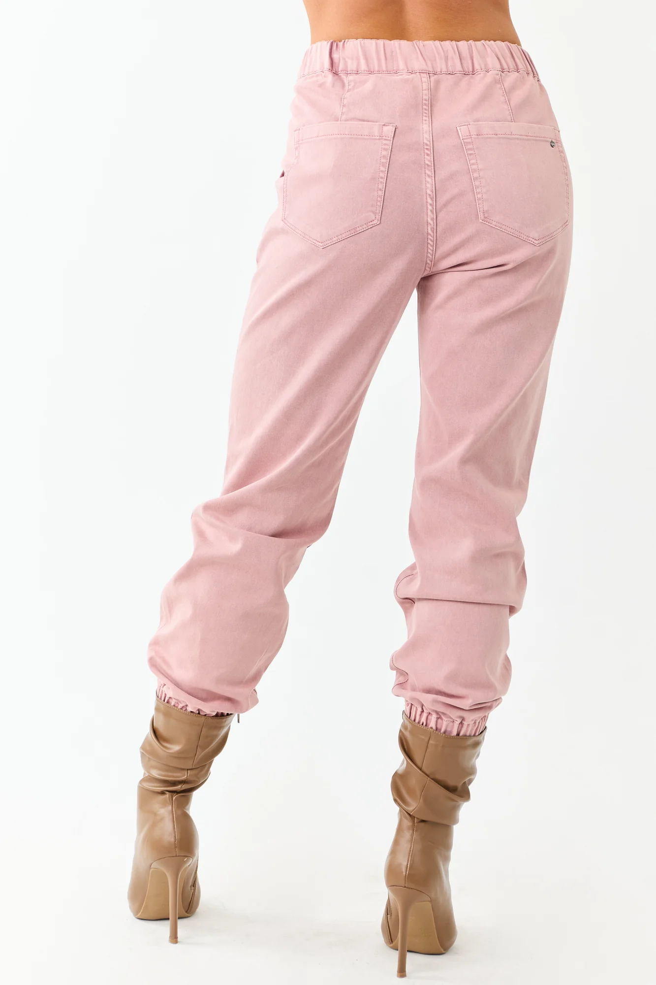 Dusty Rose Cropped Jogger Jeans Womens Elastic Waistband