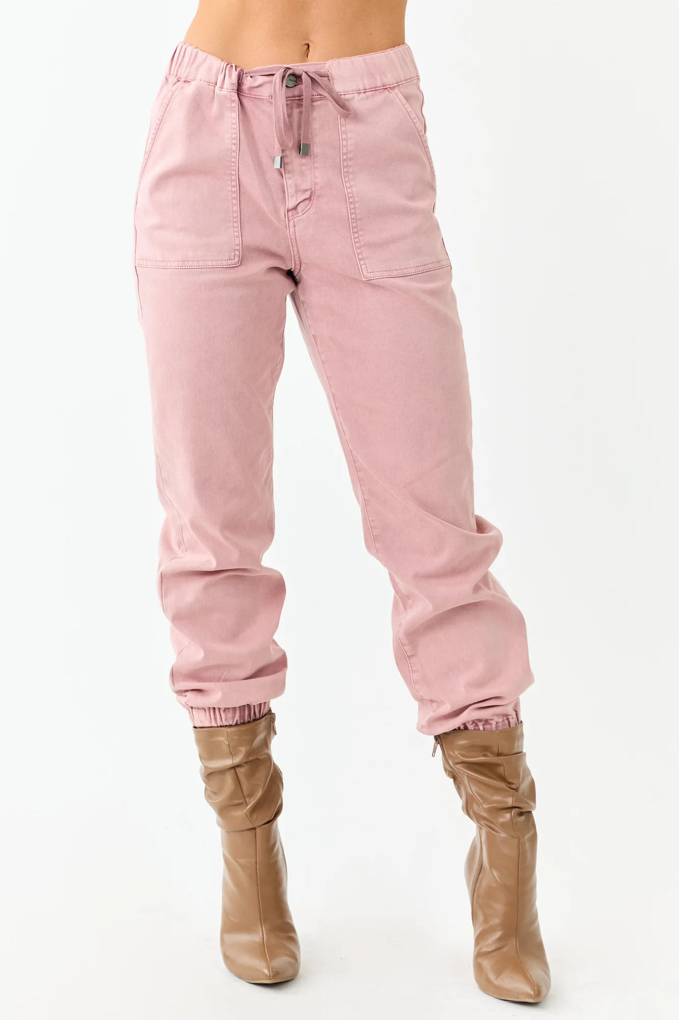 Dusty Rose Cropped Jogger Jeans Womens Elastic Waistband