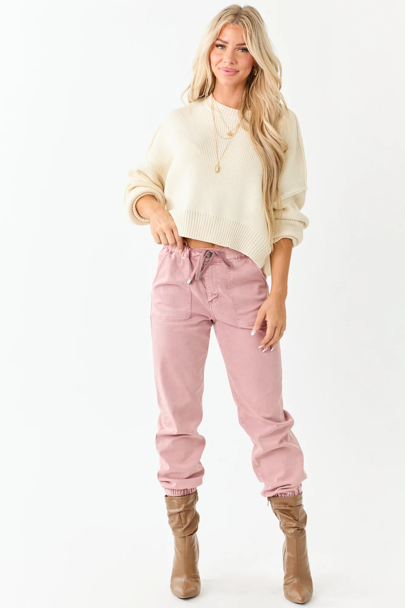 Dusty Rose Cropped Jogger Jeans Womens Elastic Waistband