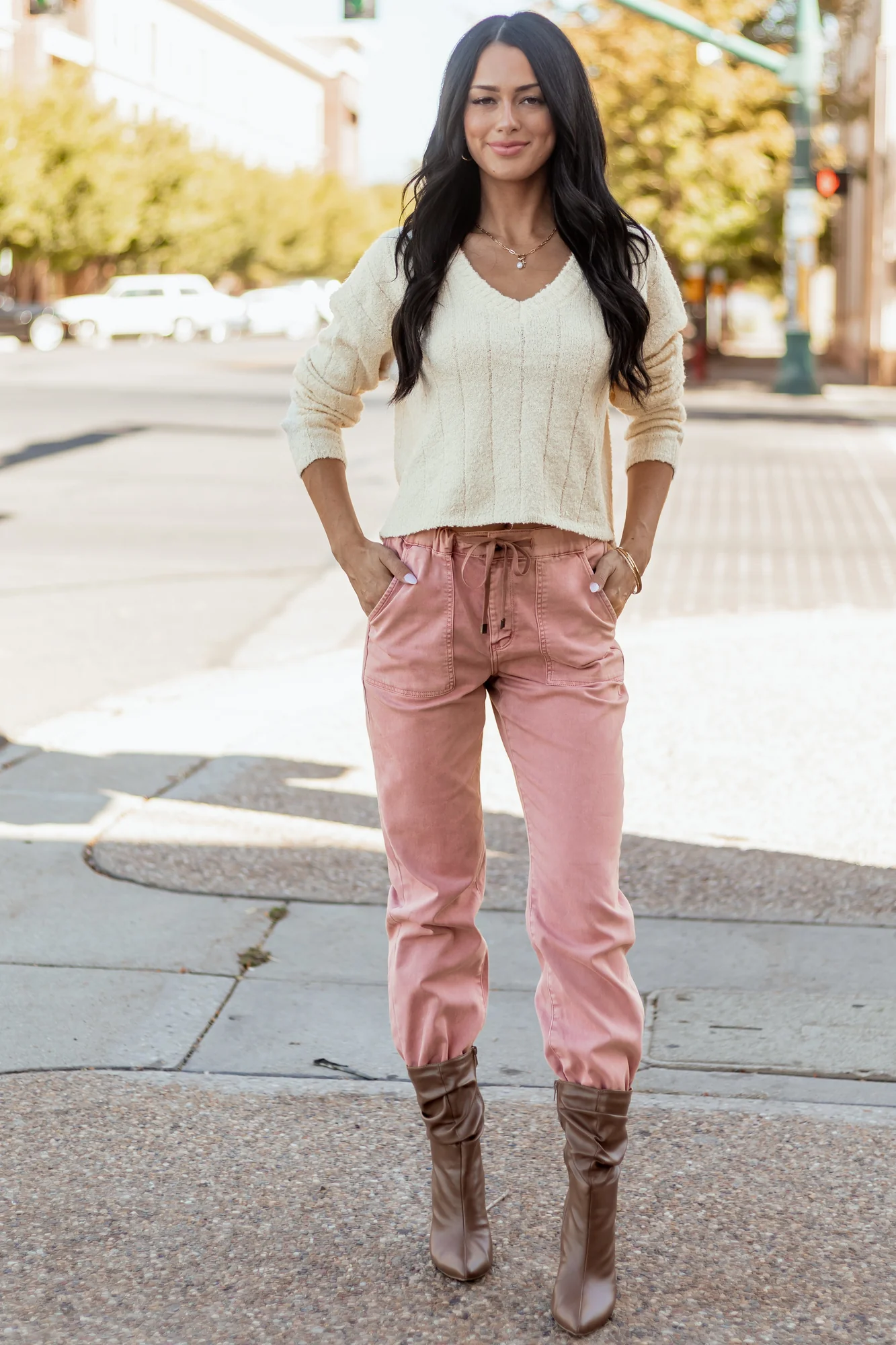 Dusty Rose Cropped Jogger Jeans Womens Elastic Waistband
