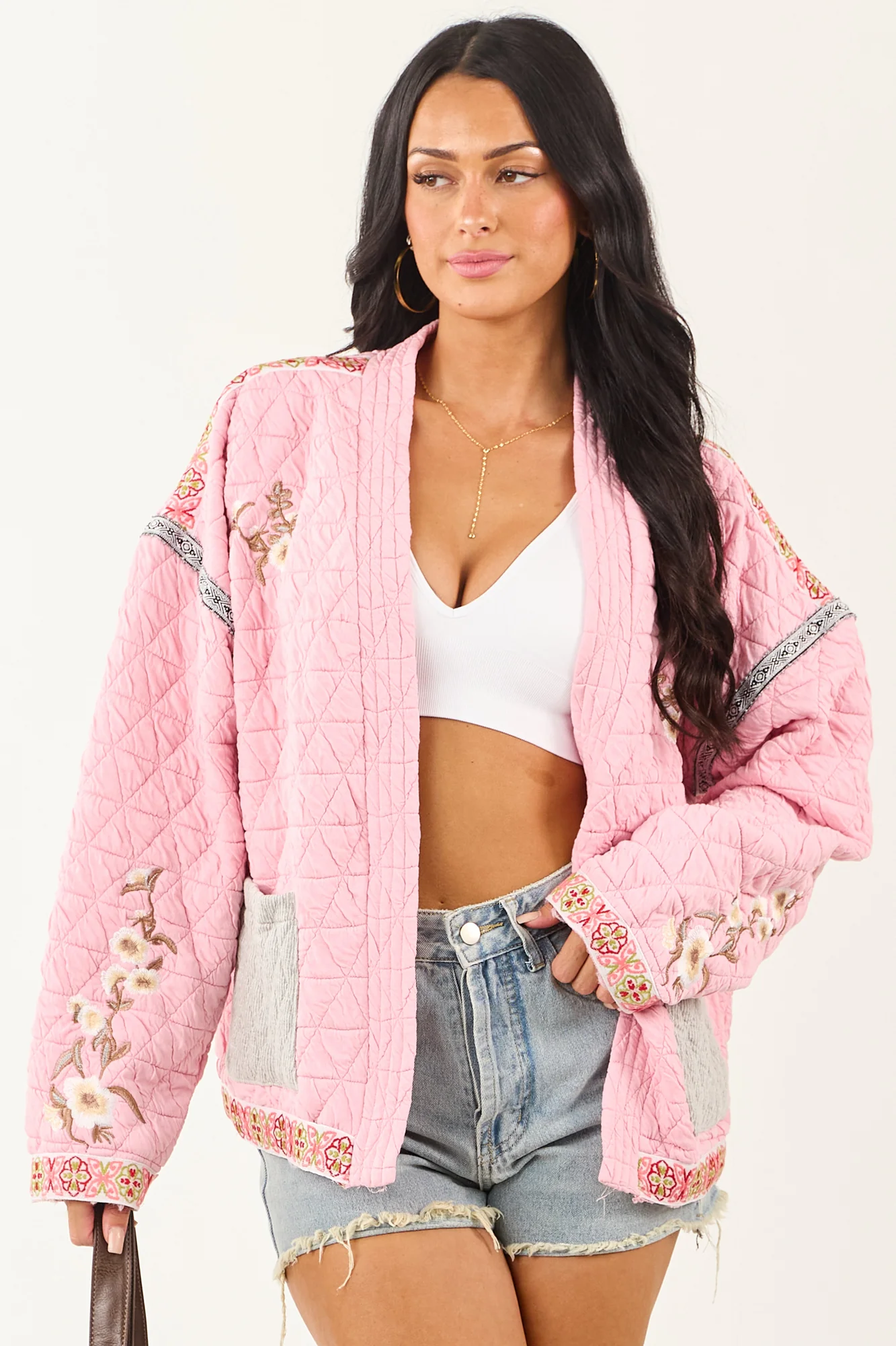Boho Twist Quilted Floral Jacket in Baby Pink - Open Front Style