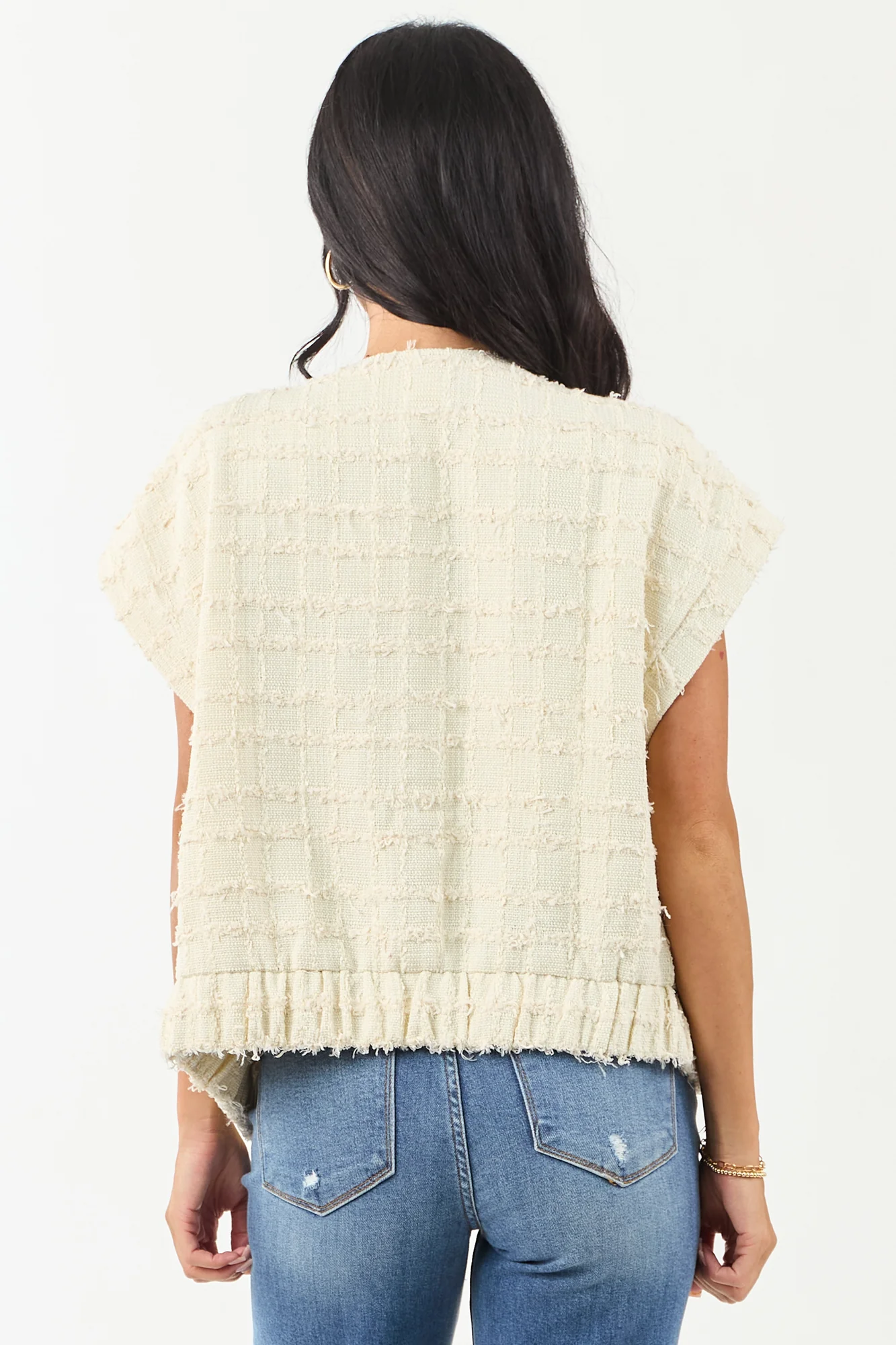 Cream Tweed Short Sleeve Top with Button Down Styling