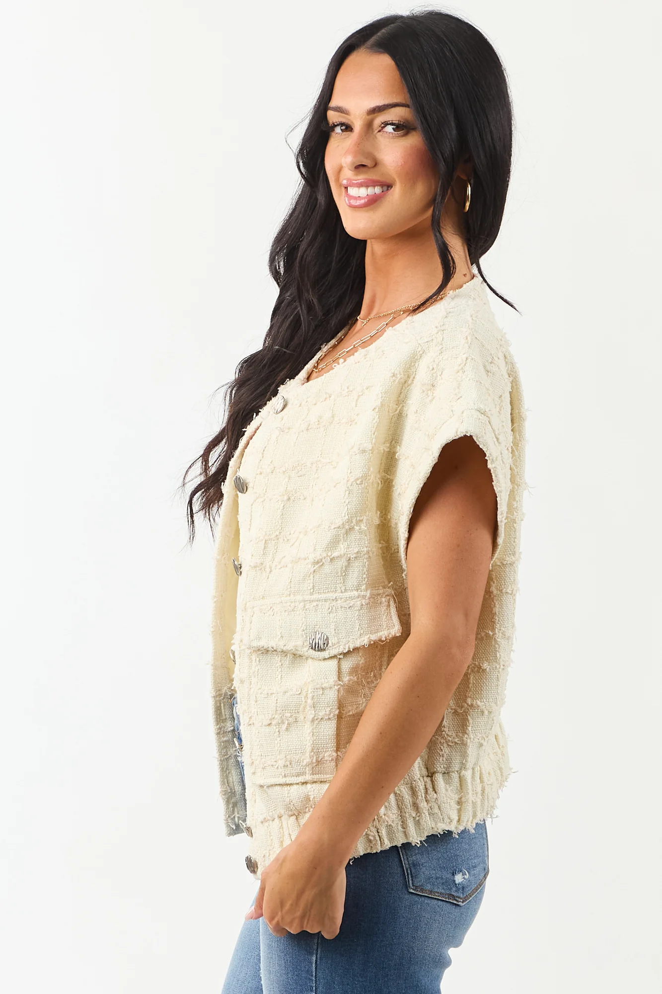 Cream Tweed Short Sleeve Top with Button Down Styling