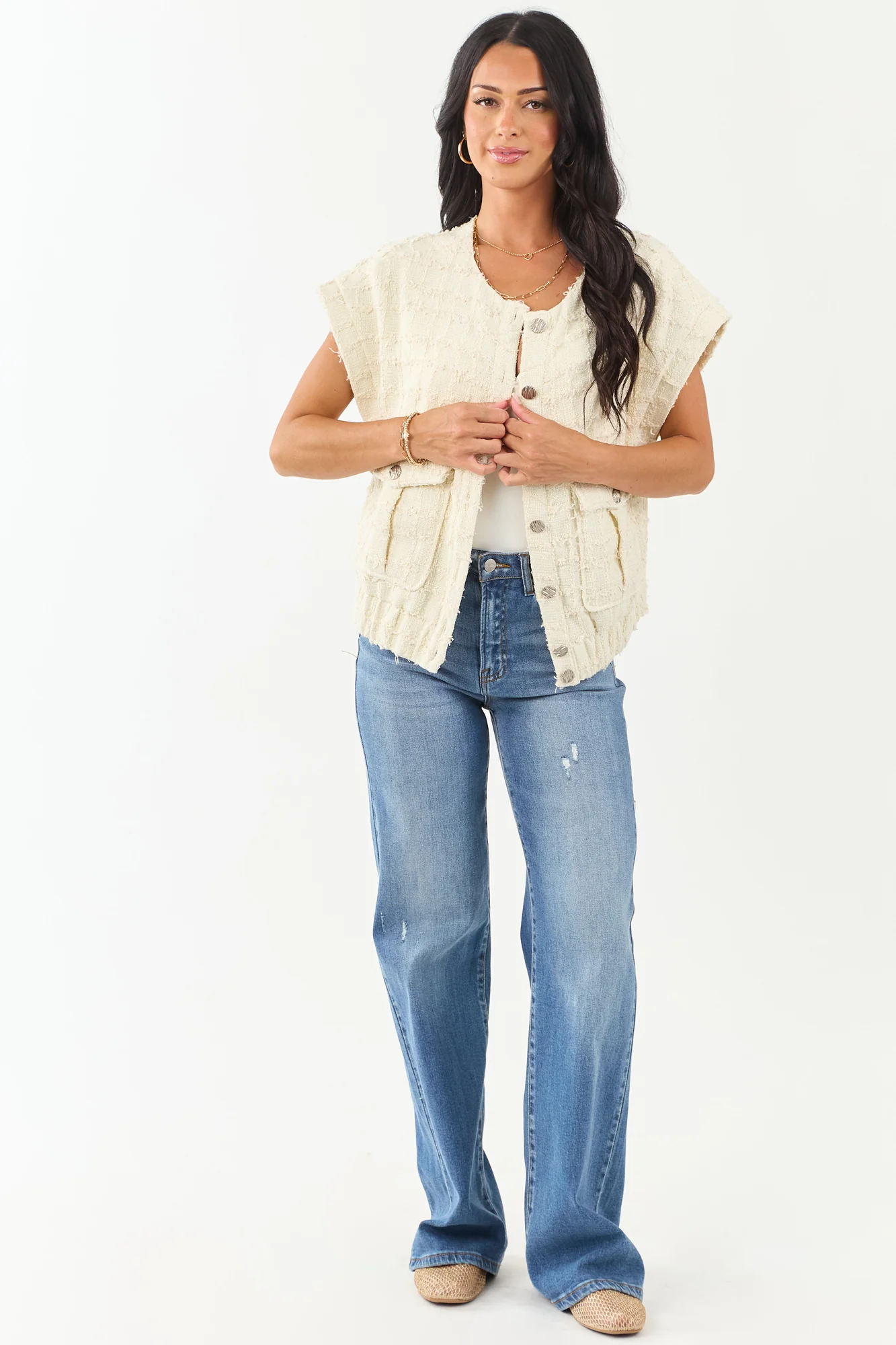 Cream Tweed Short Sleeve Top with Button Down Styling