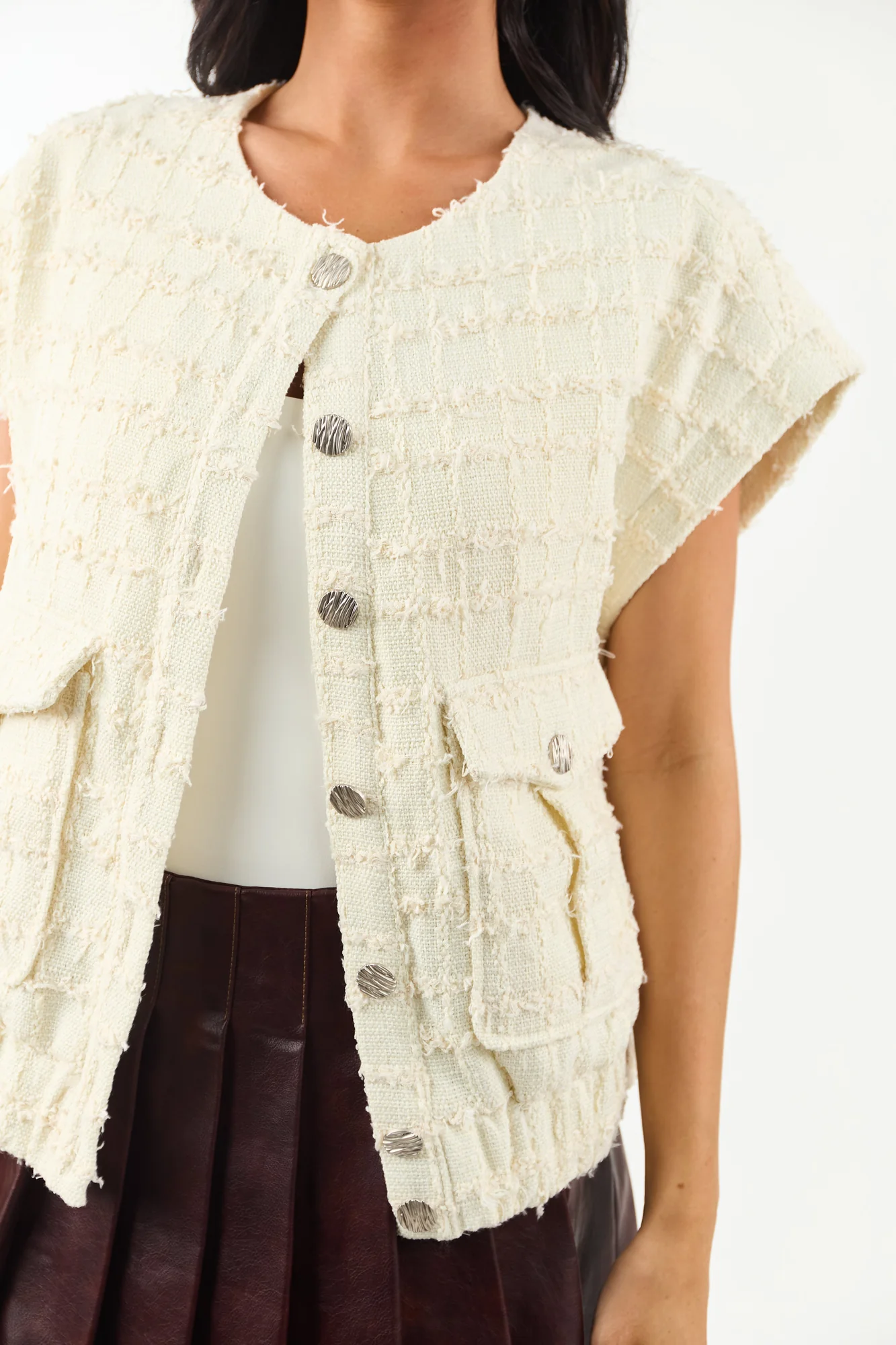 Cream Tweed Short Sleeve Top with Button Down Styling
