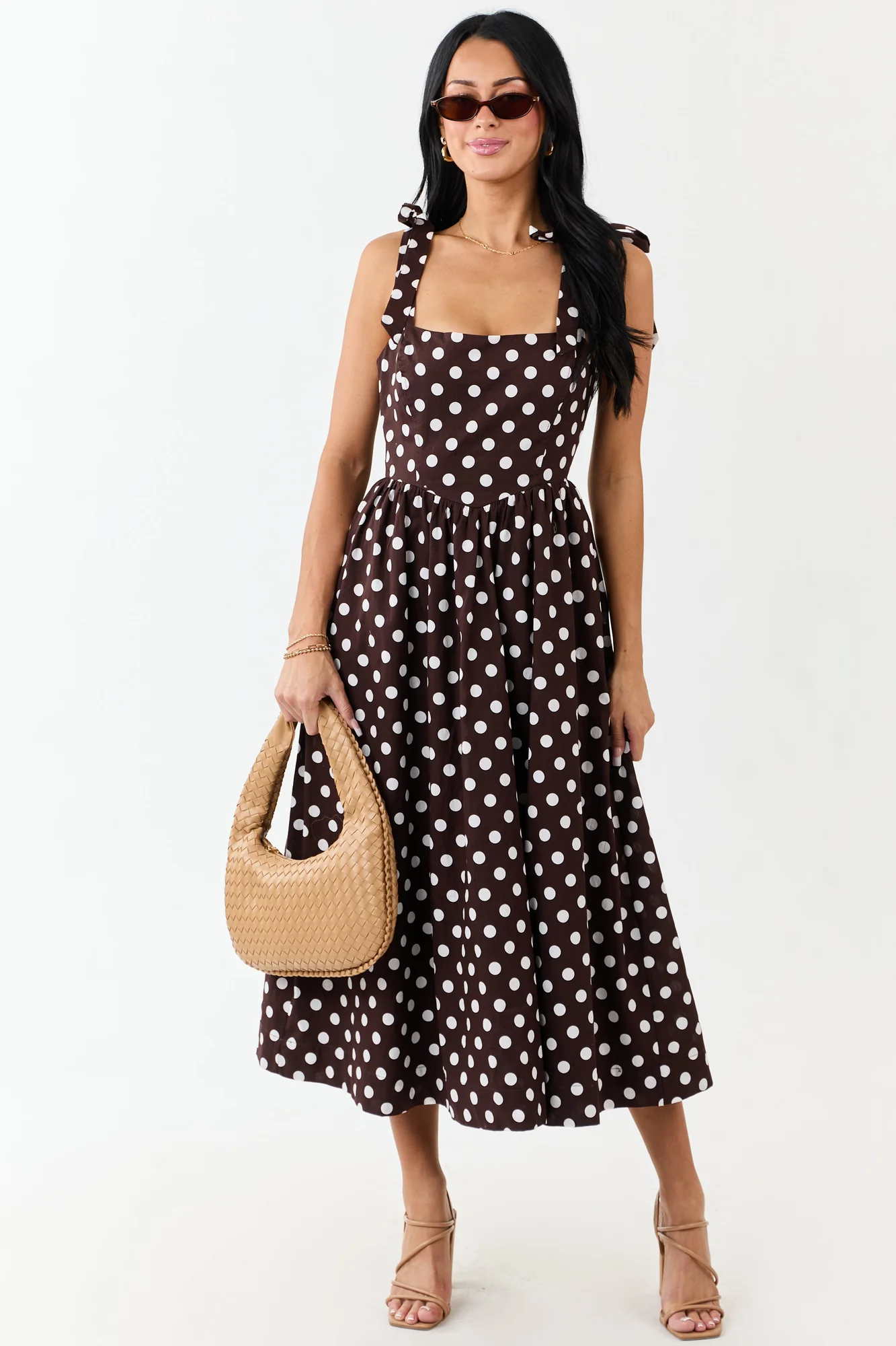 Brown Polka Dot Cotton Midi Dress with Tie Straps