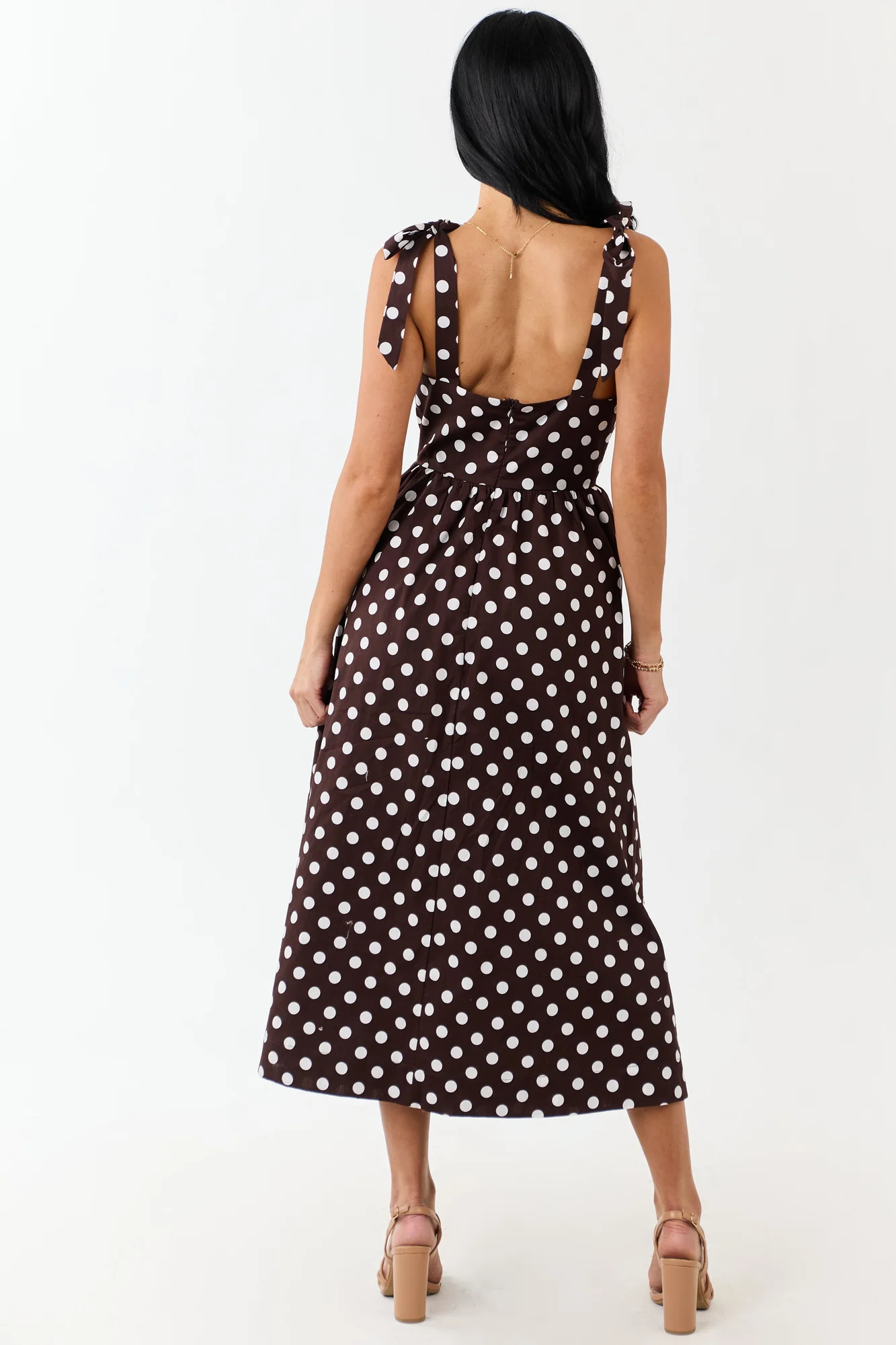 Brown Polka Dot Cotton Midi Dress with Tie Straps