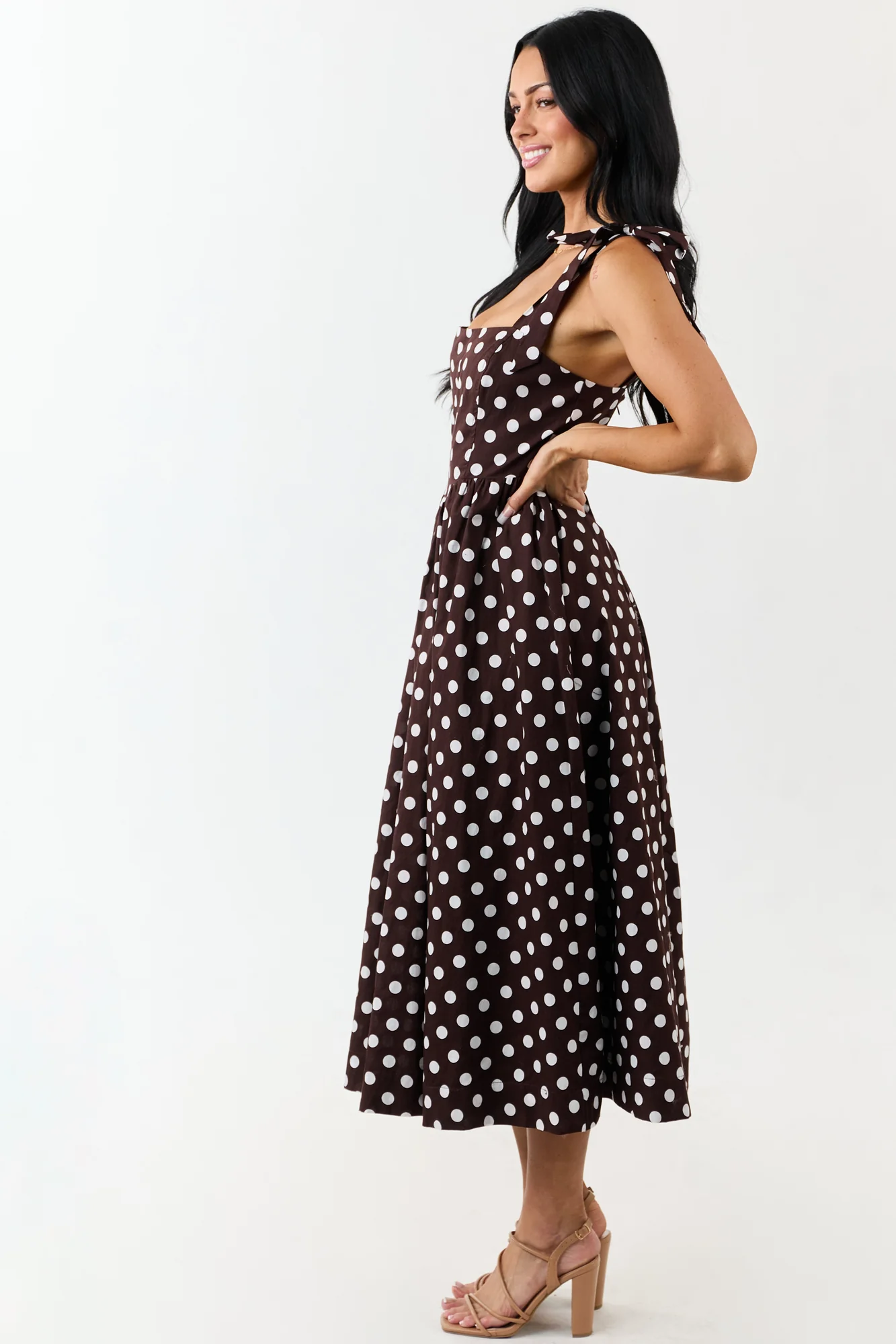 Brown Polka Dot Cotton Midi Dress with Tie Straps