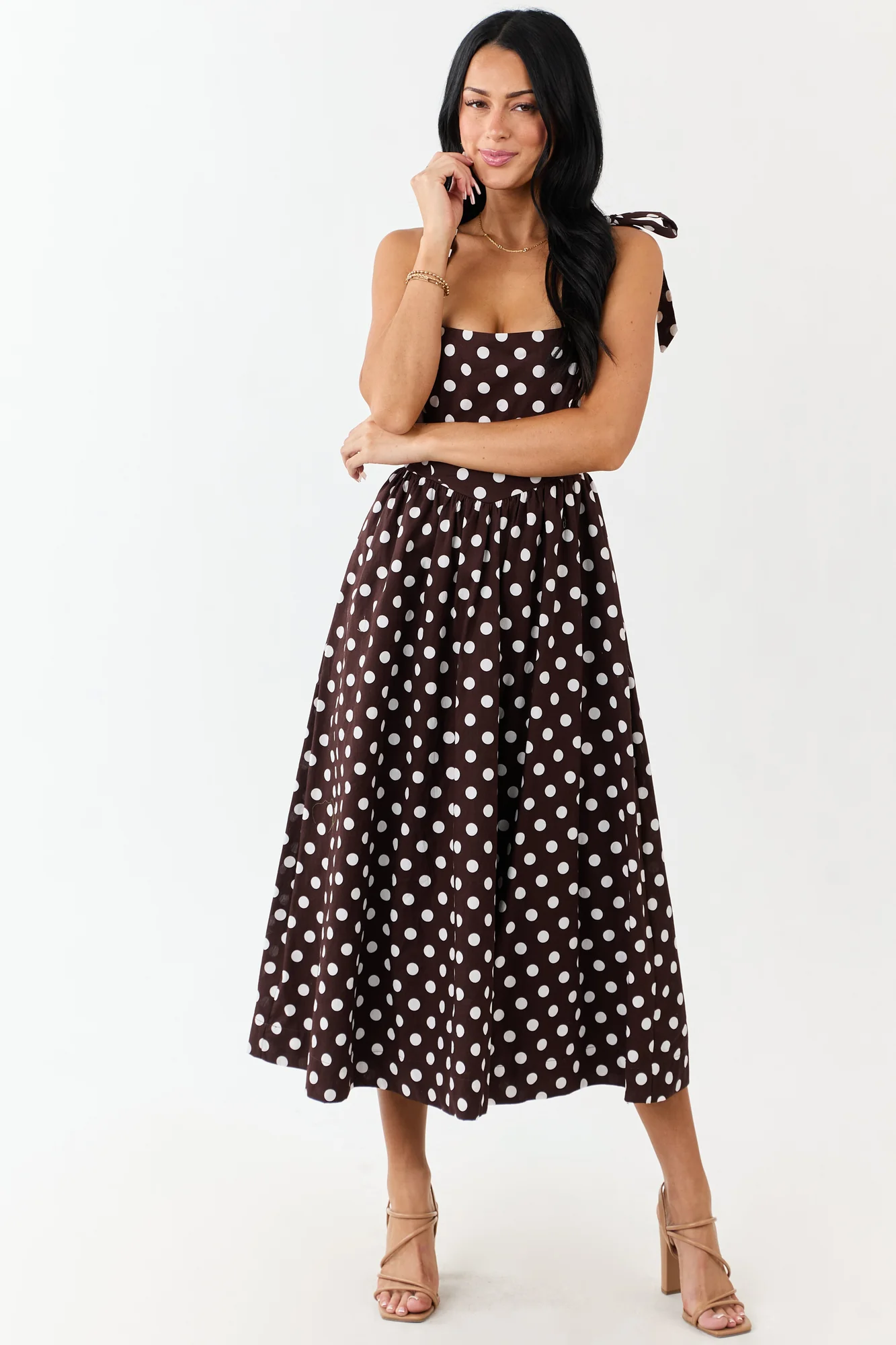 Brown Polka Dot Cotton Midi Dress with Tie Straps