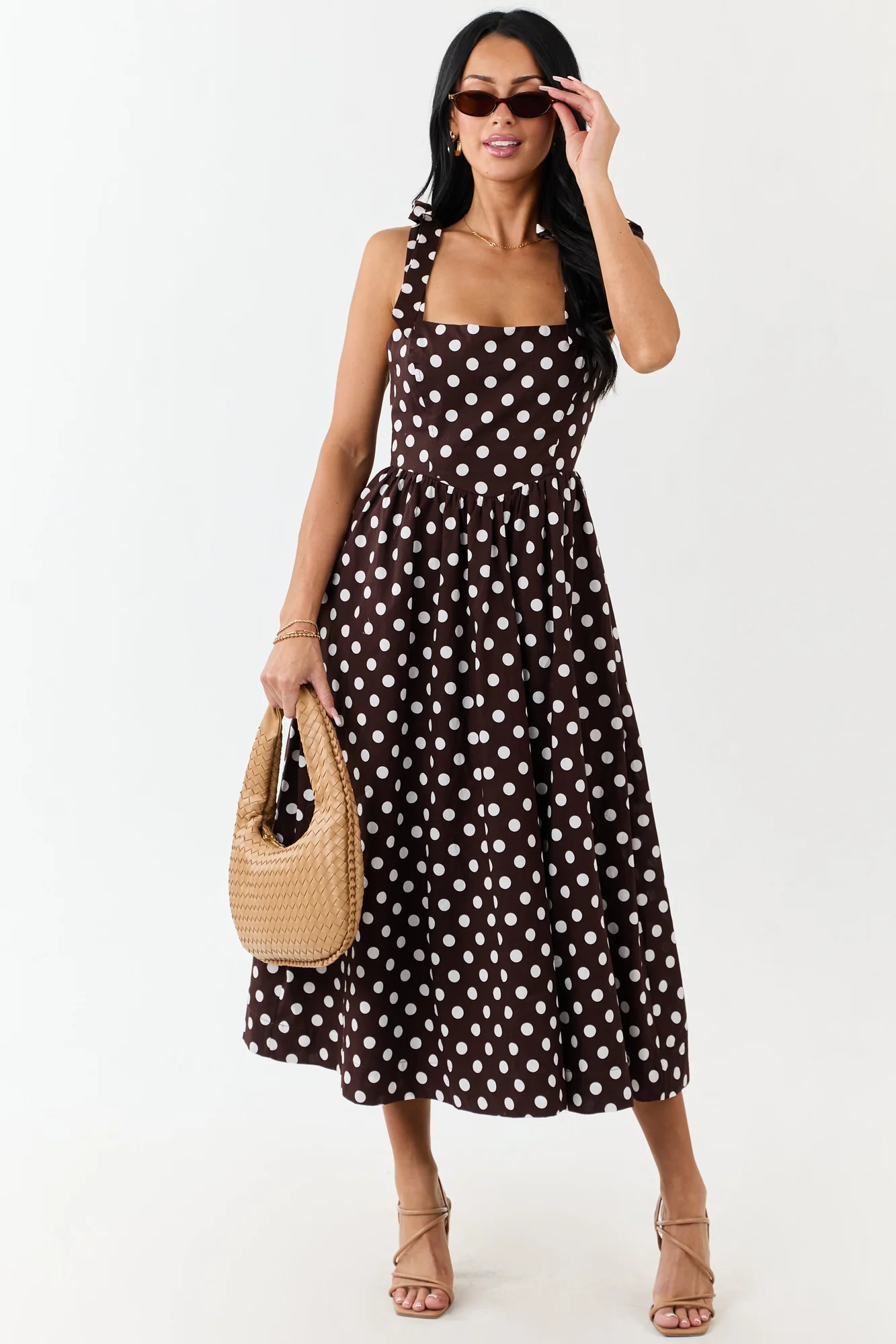 Brown Polka Dot Cotton Midi Dress with Tie Straps