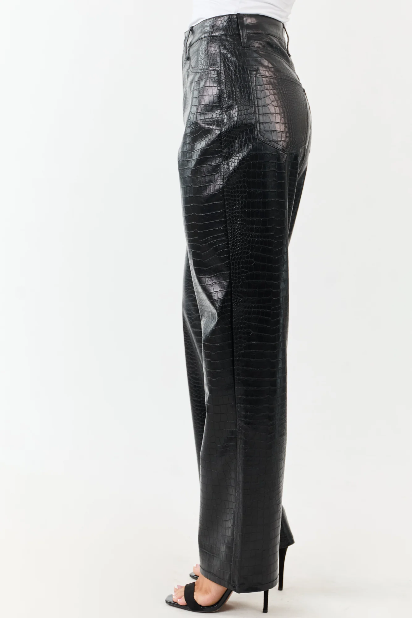 Black Faux Leather Snakeskin Straight Pants