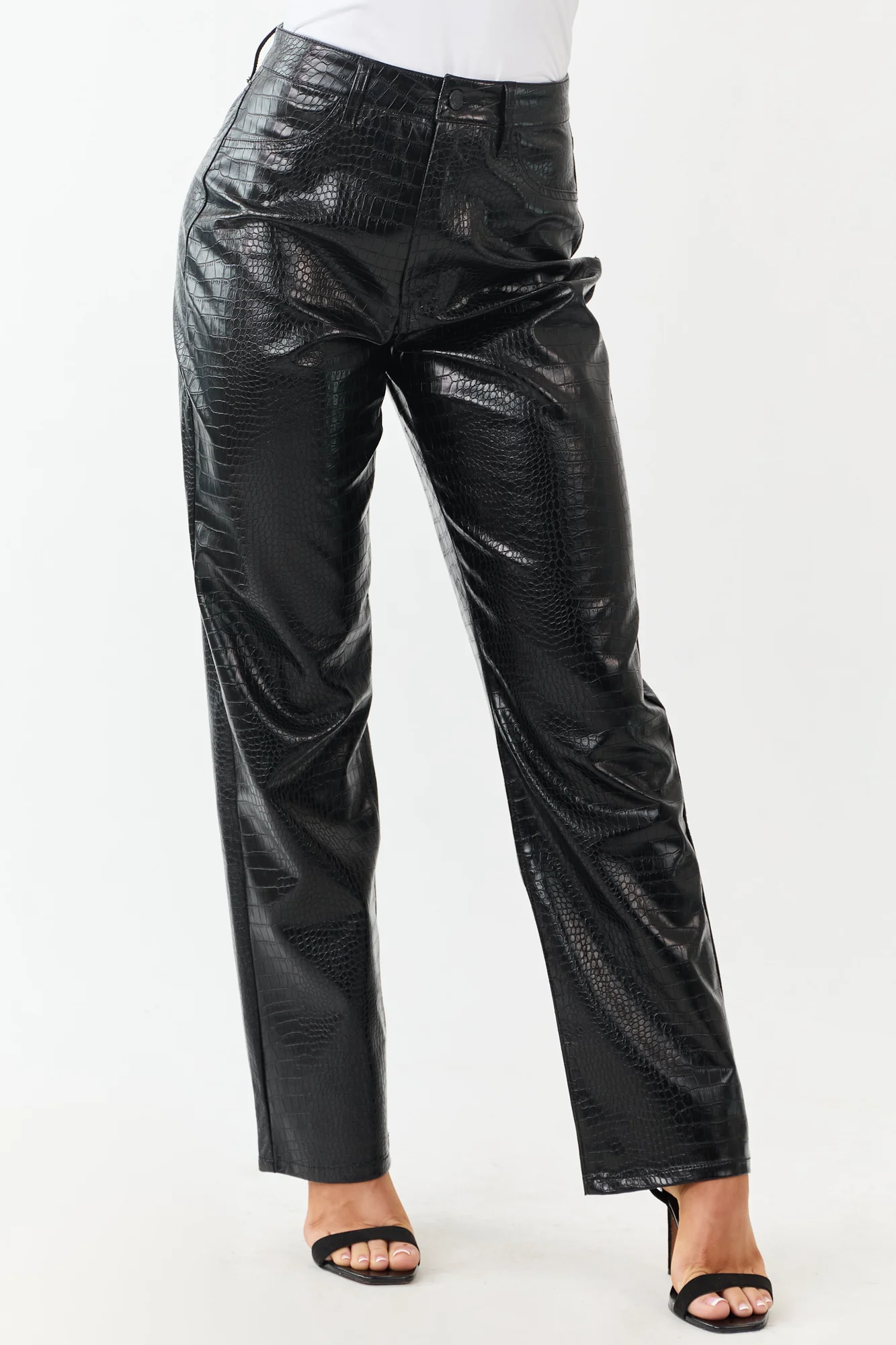 Black Faux Leather Snakeskin Straight Pants