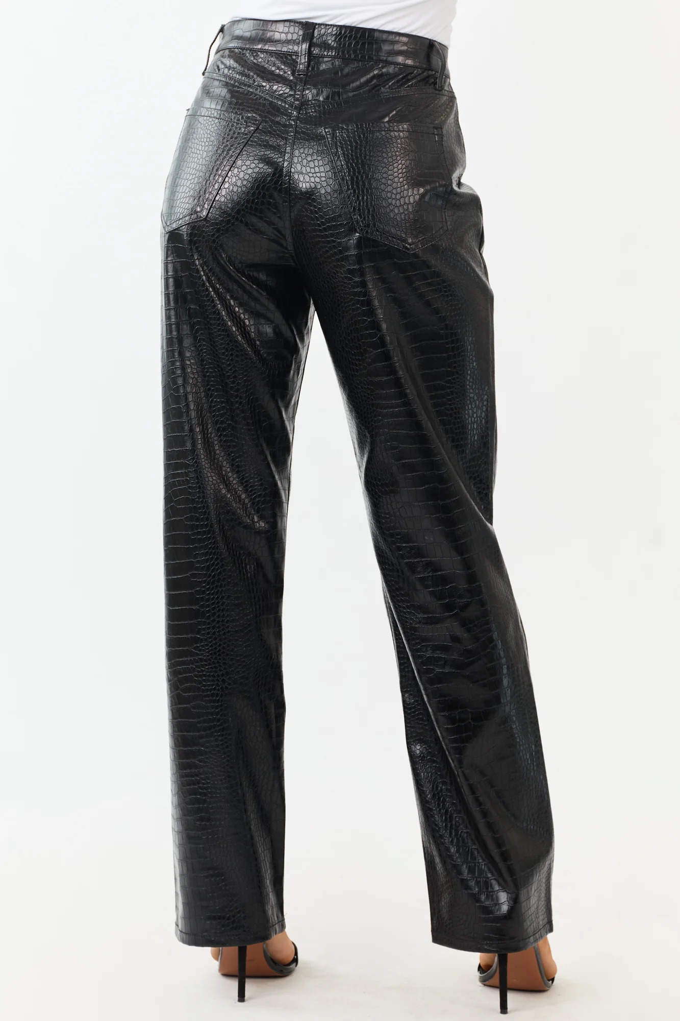 Black Faux Leather Snakeskin Straight Pants