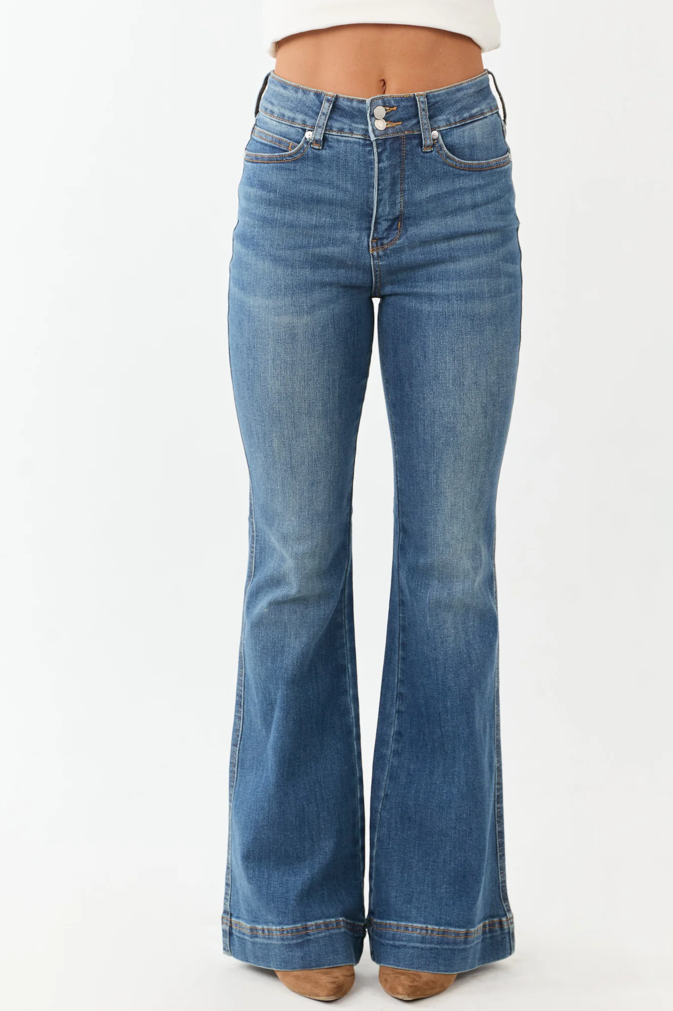 High Rise Tummy Control Flare Jeans in Medium Blue Denim