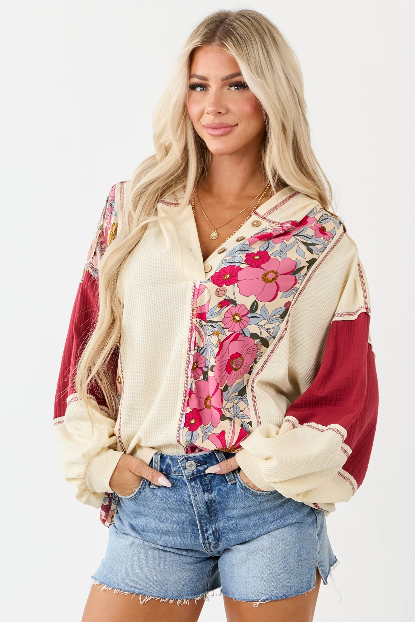 Cozy Cream Floral Print Oversized Hooded Top