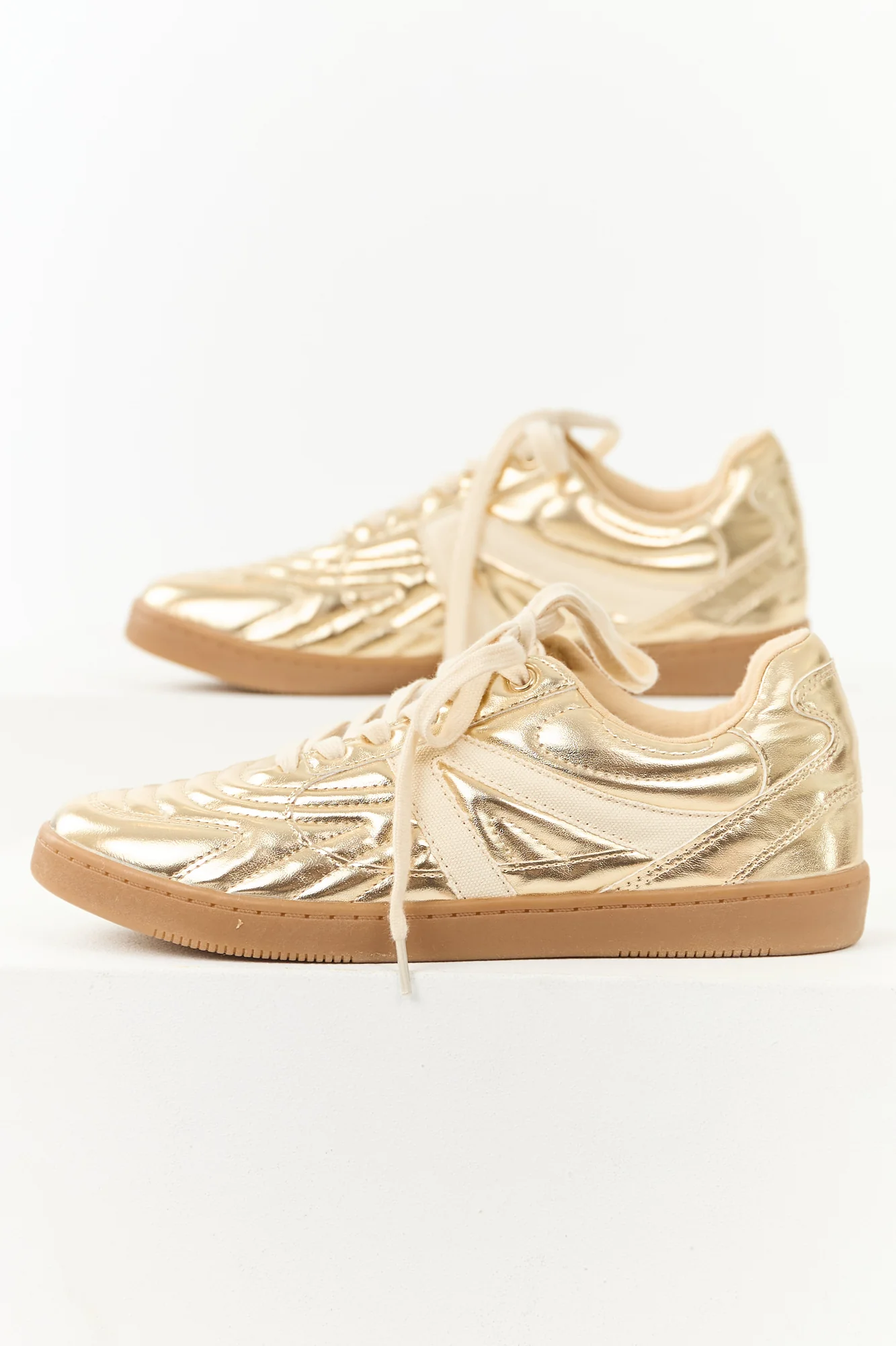 Gold Low Top Sneakers in Faux Leather for Women