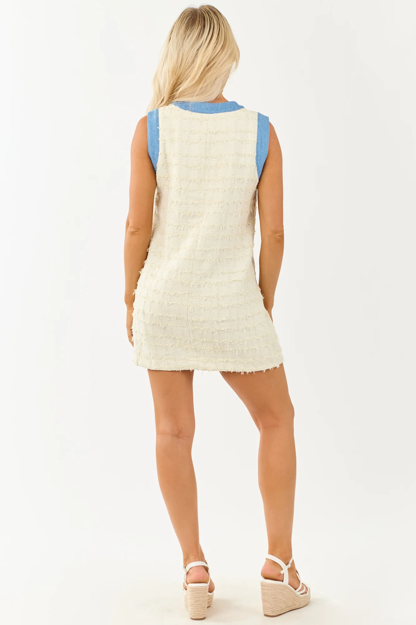 Sleeveless Tweed Button Down Ivory Mini Dress