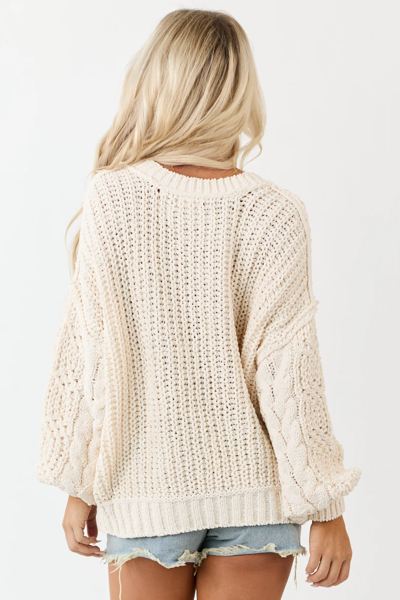 Cream Cable Knit Oversized Sweater with Bubble Sleeves