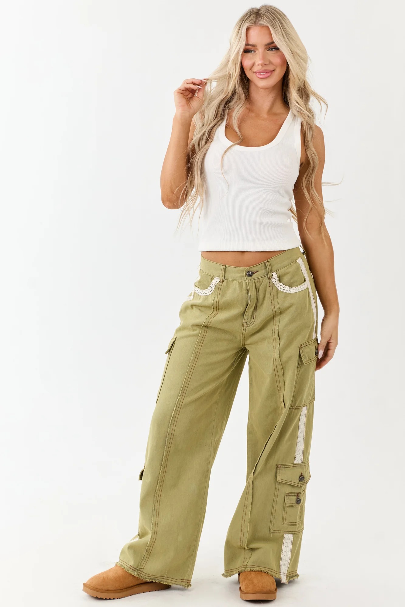 Cargo Patchwork Wide Leg Cotton Pants Ivory