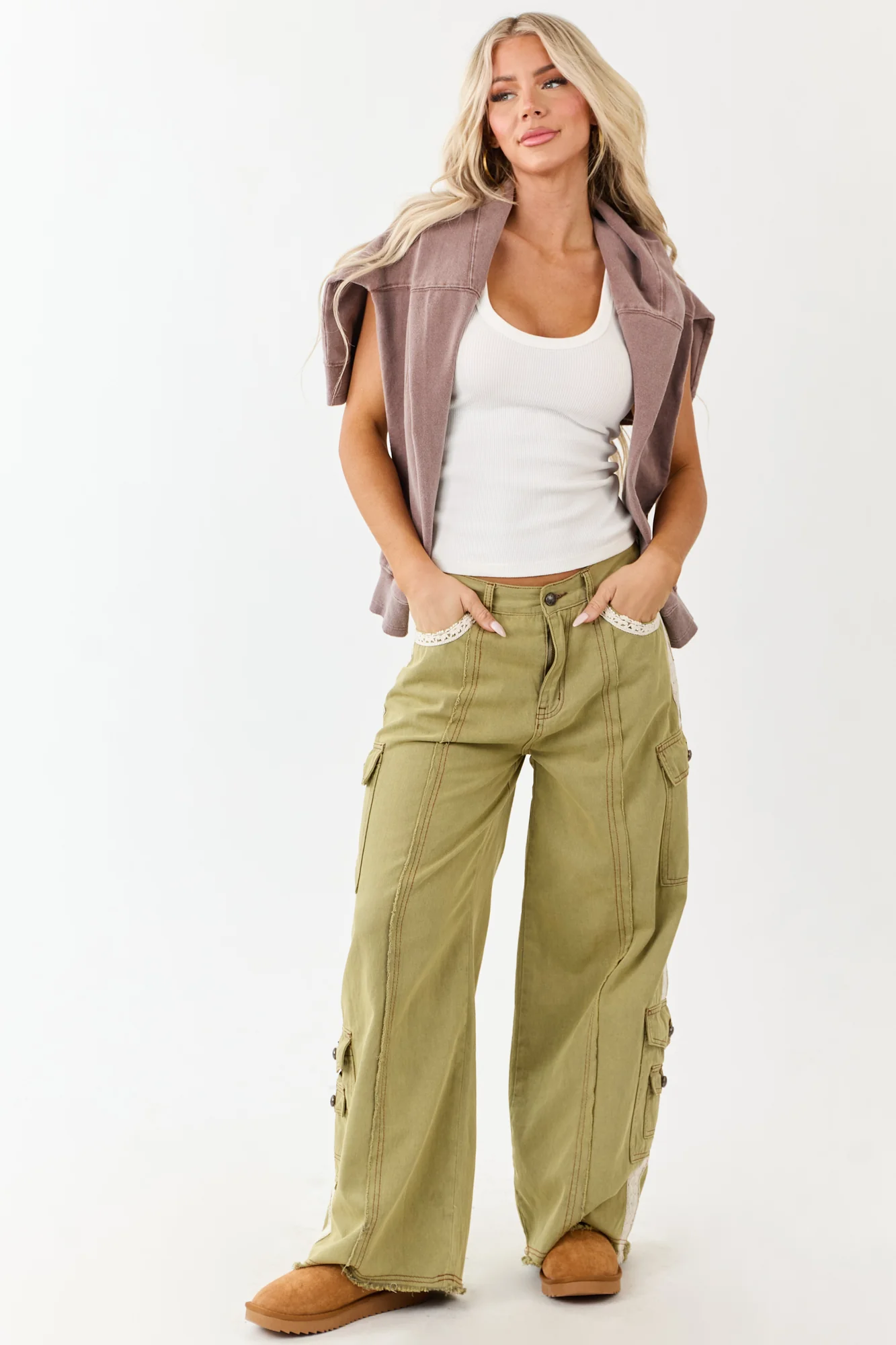 Cargo Patchwork Wide Leg Cotton Pants Ivory