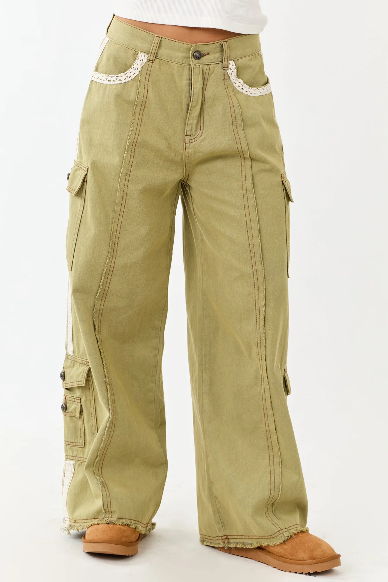 Cargo Patchwork Wide Leg Cotton Pants Ivory