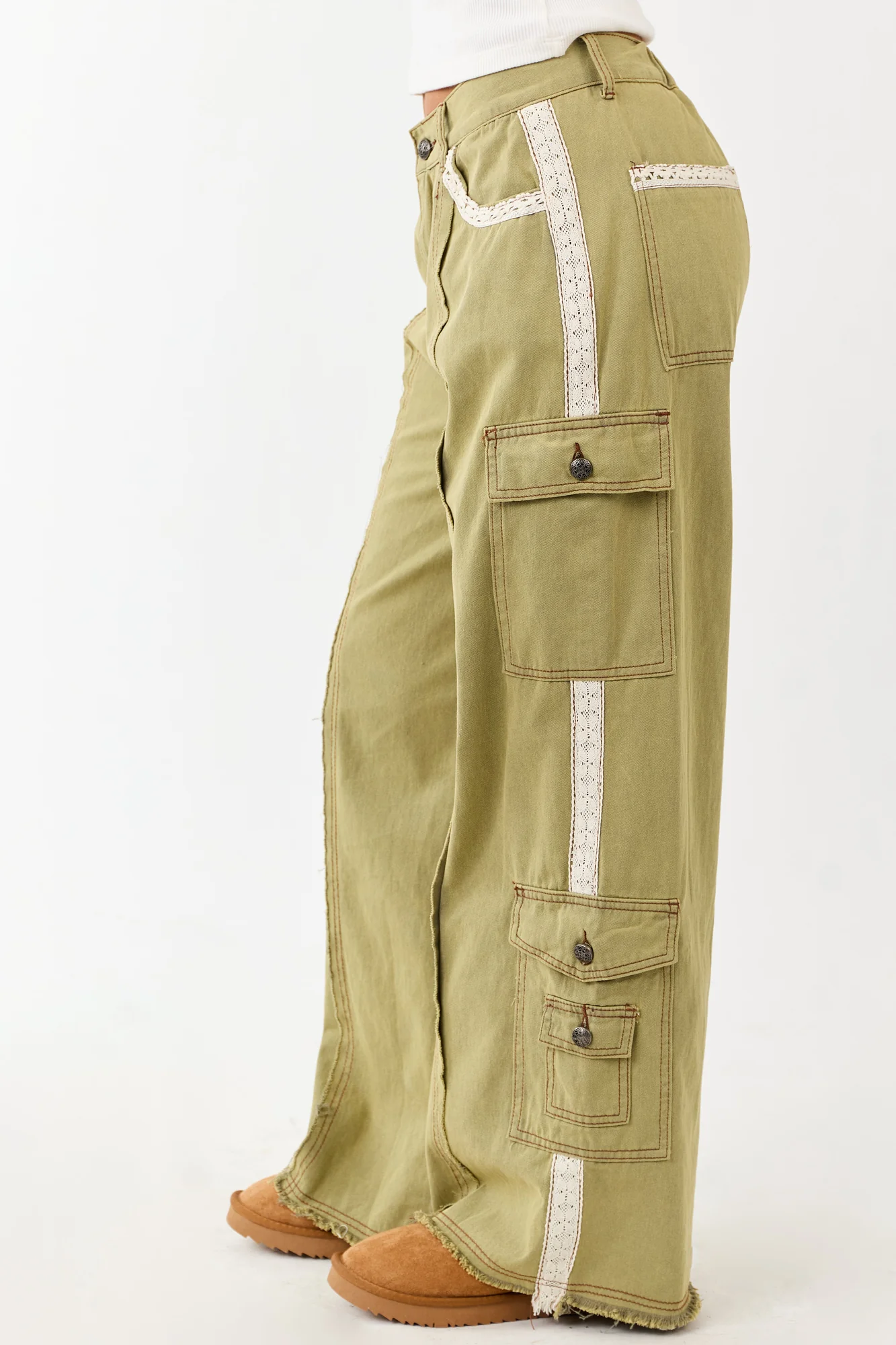 Cargo Patchwork Wide Leg Cotton Pants Ivory