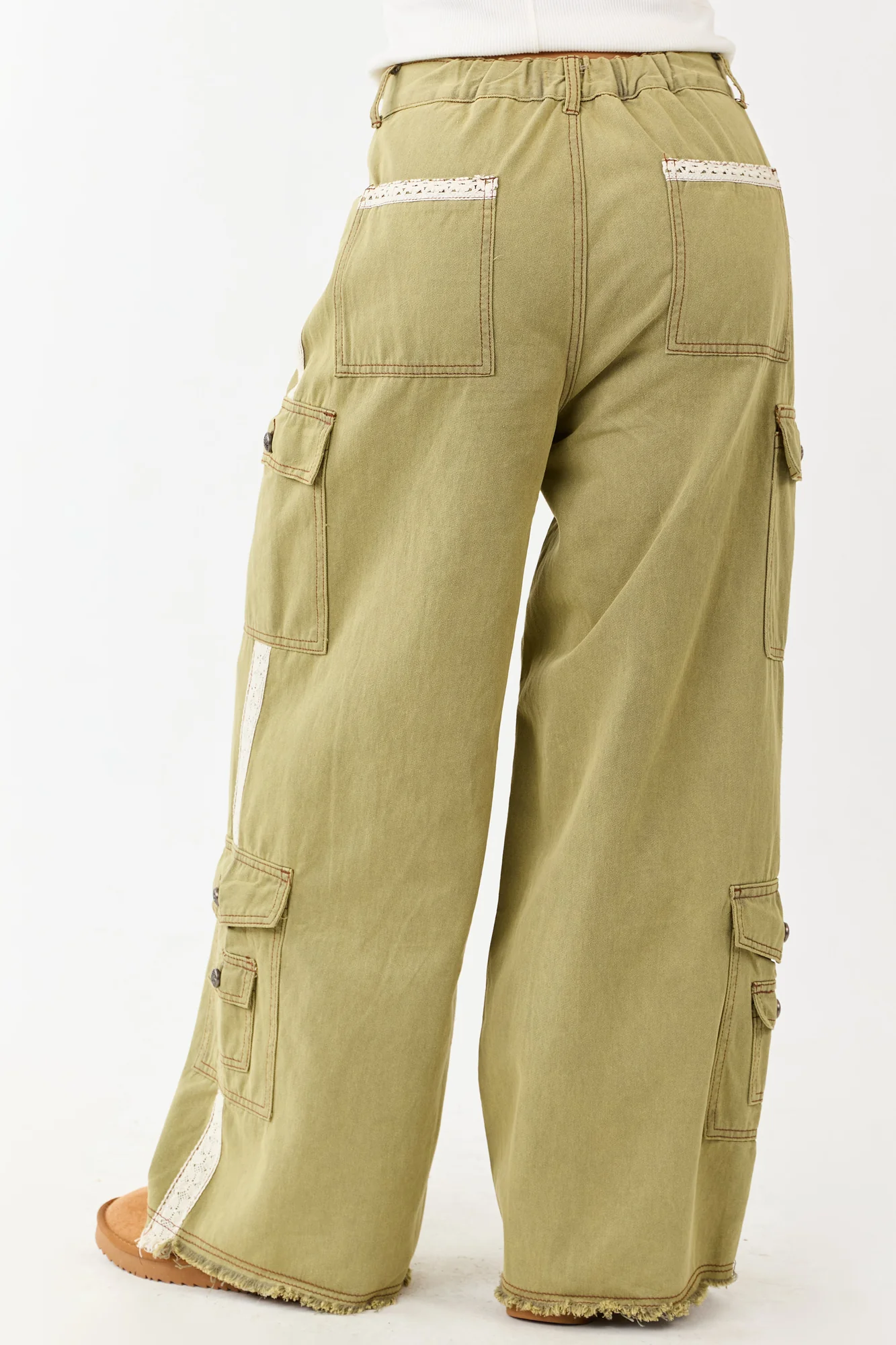 Cargo Patchwork Wide Leg Cotton Pants Ivory