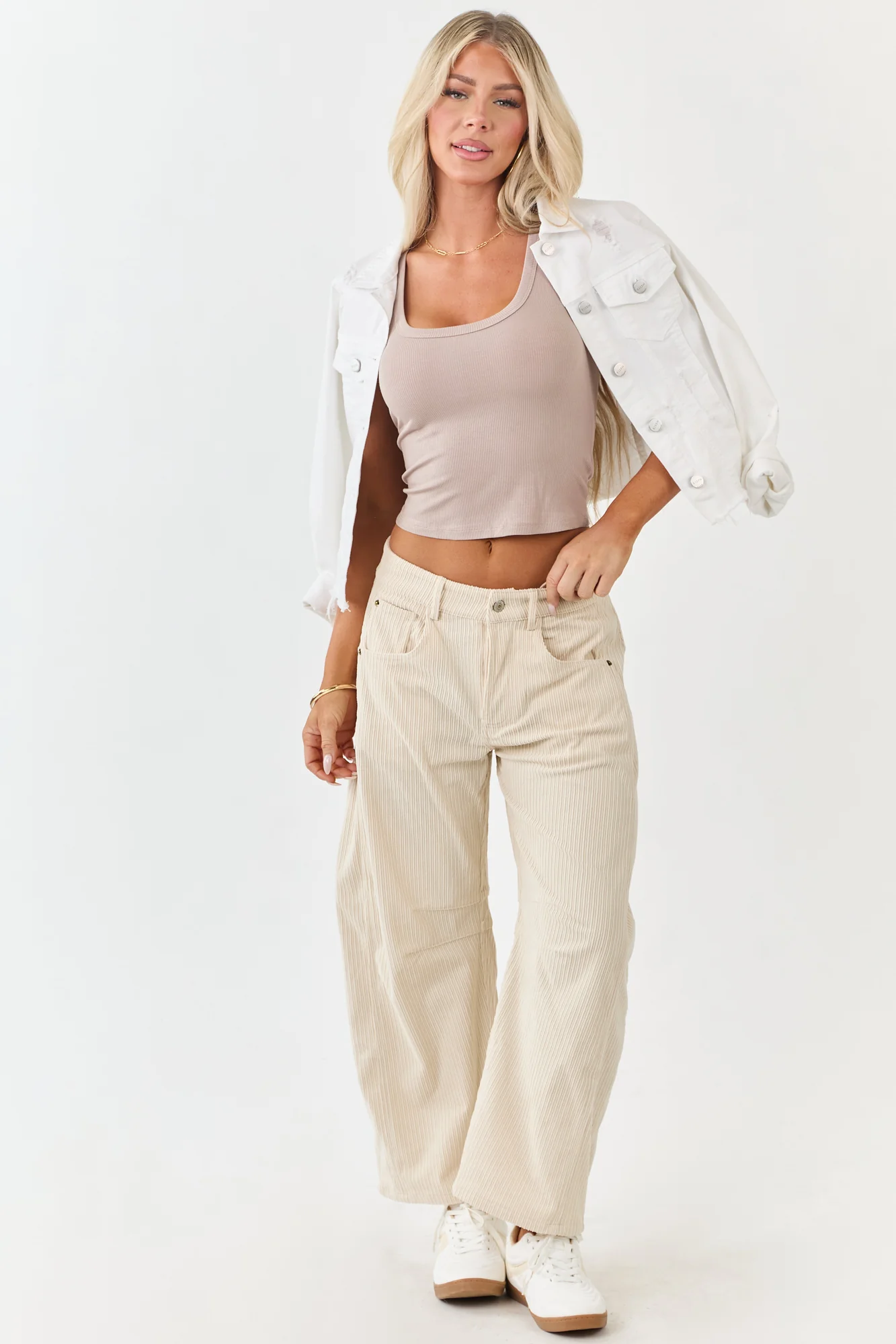 High Waisted Corduroy Barrel Leg Pants in Champagne Color