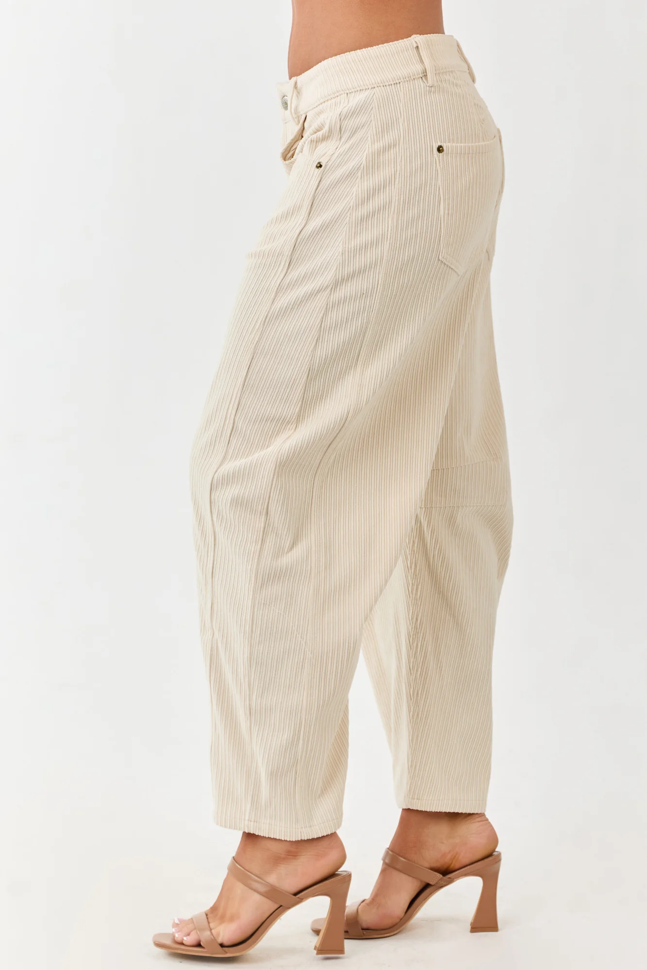 High Waisted Corduroy Barrel Leg Pants in Champagne Color