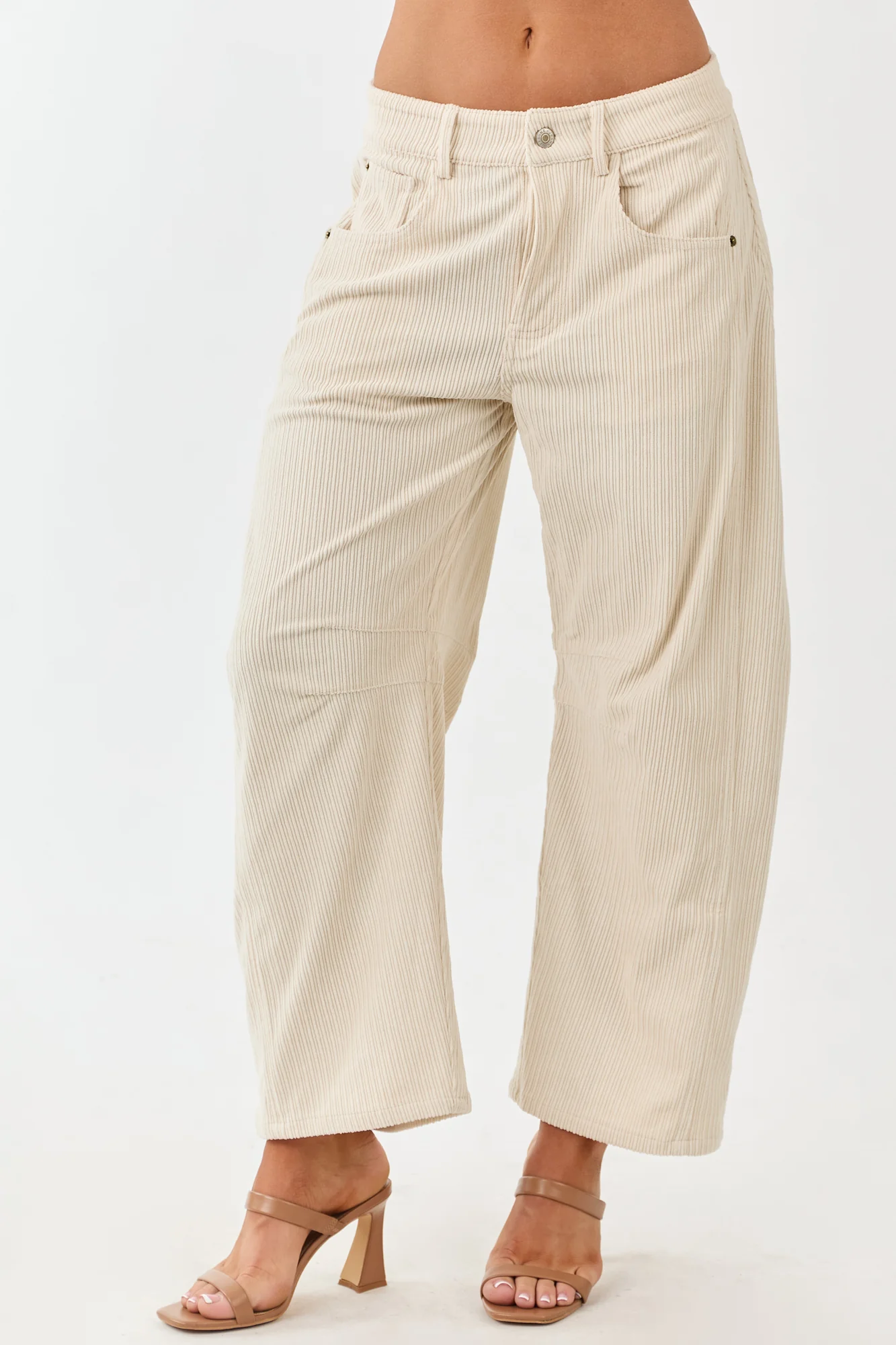 High Waisted Corduroy Barrel Leg Pants in Champagne Color