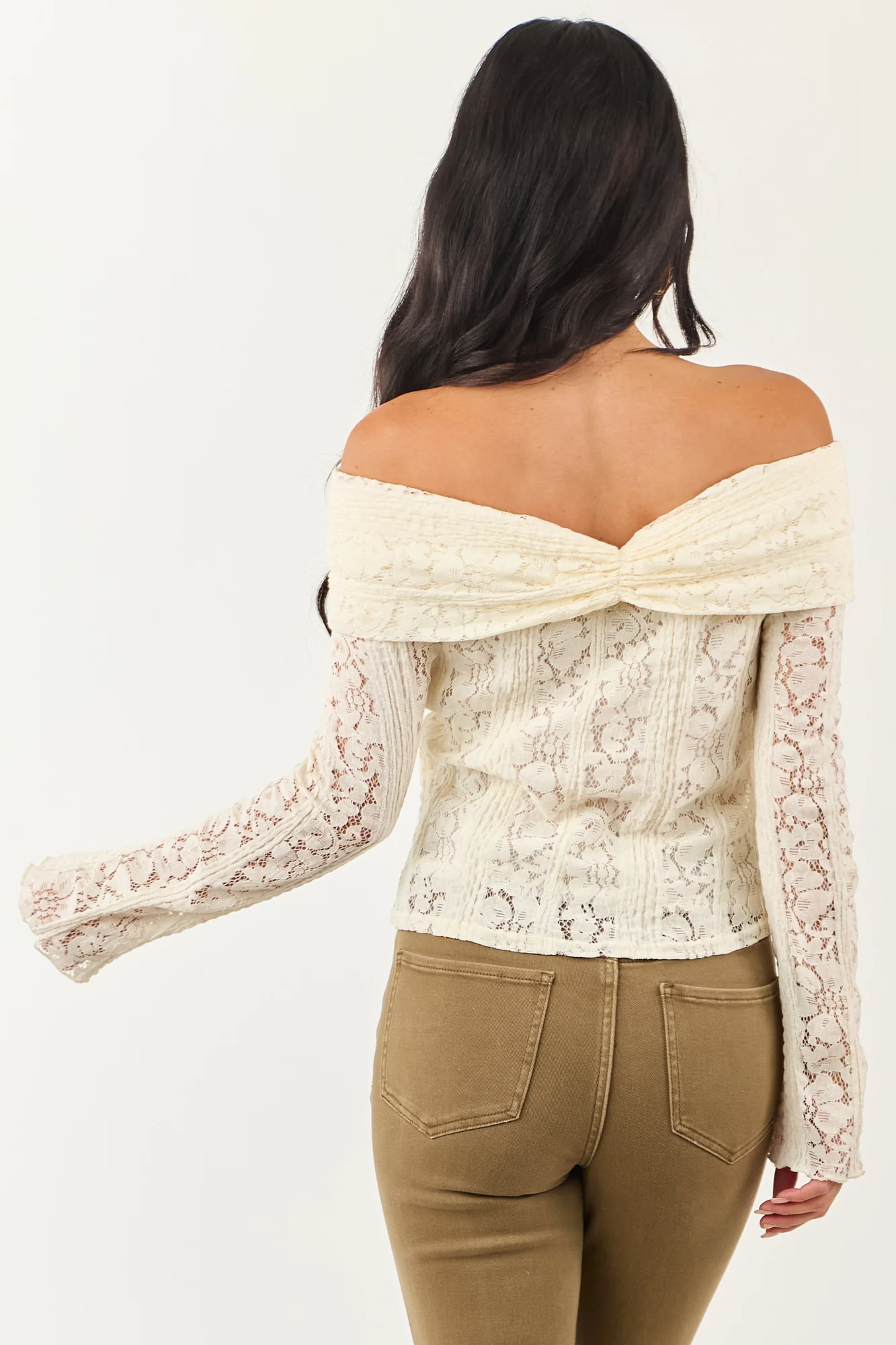 Cream Lace Off-the-Shoulder Top Ruched Detailing Flared Cuffs