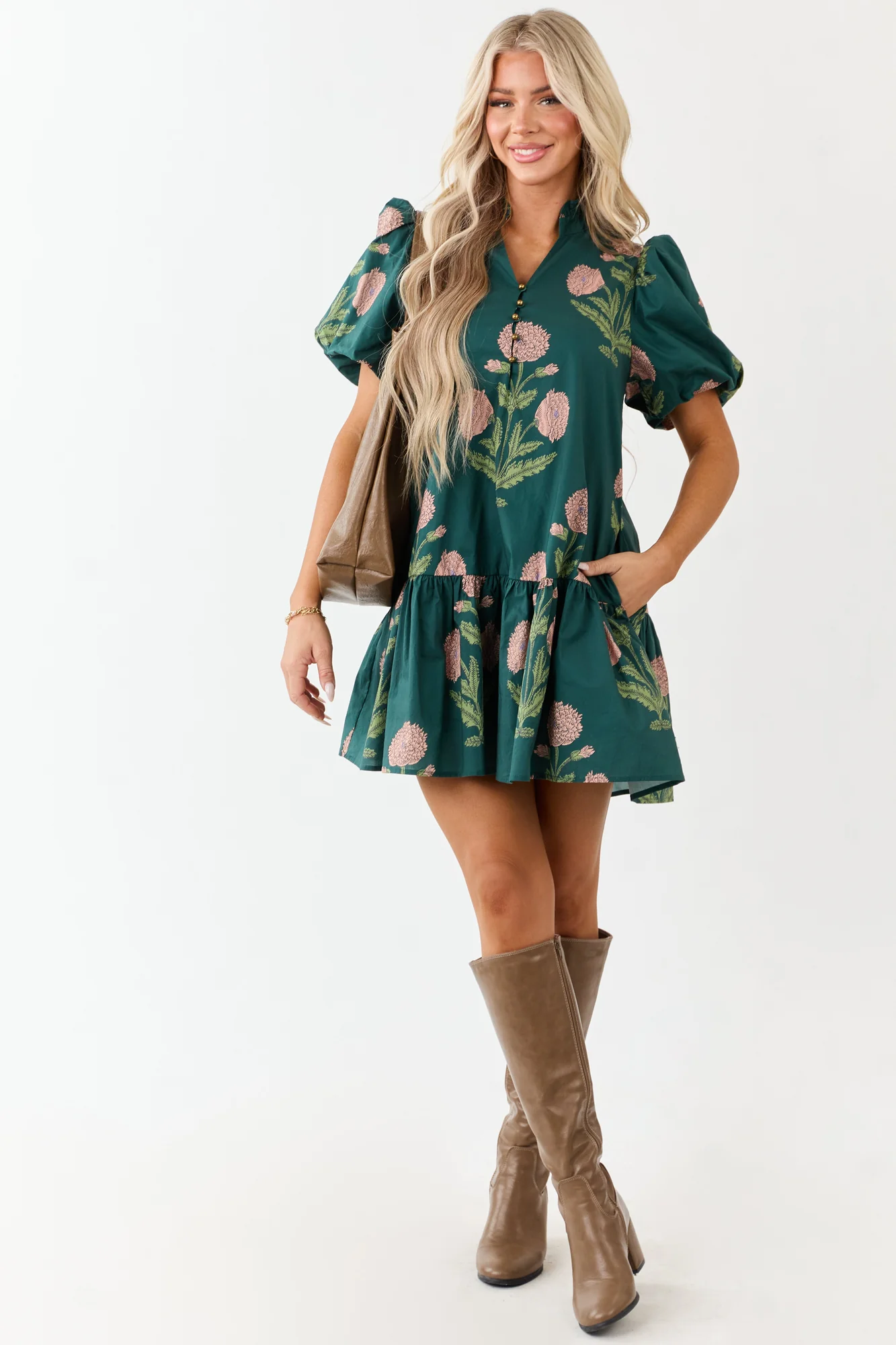 Forest Green Floral Print Tent Style Mini Dress