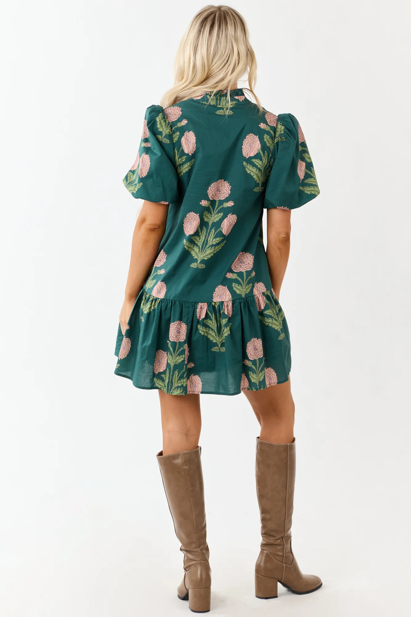 Forest Green Floral Print Tent Style Mini Dress