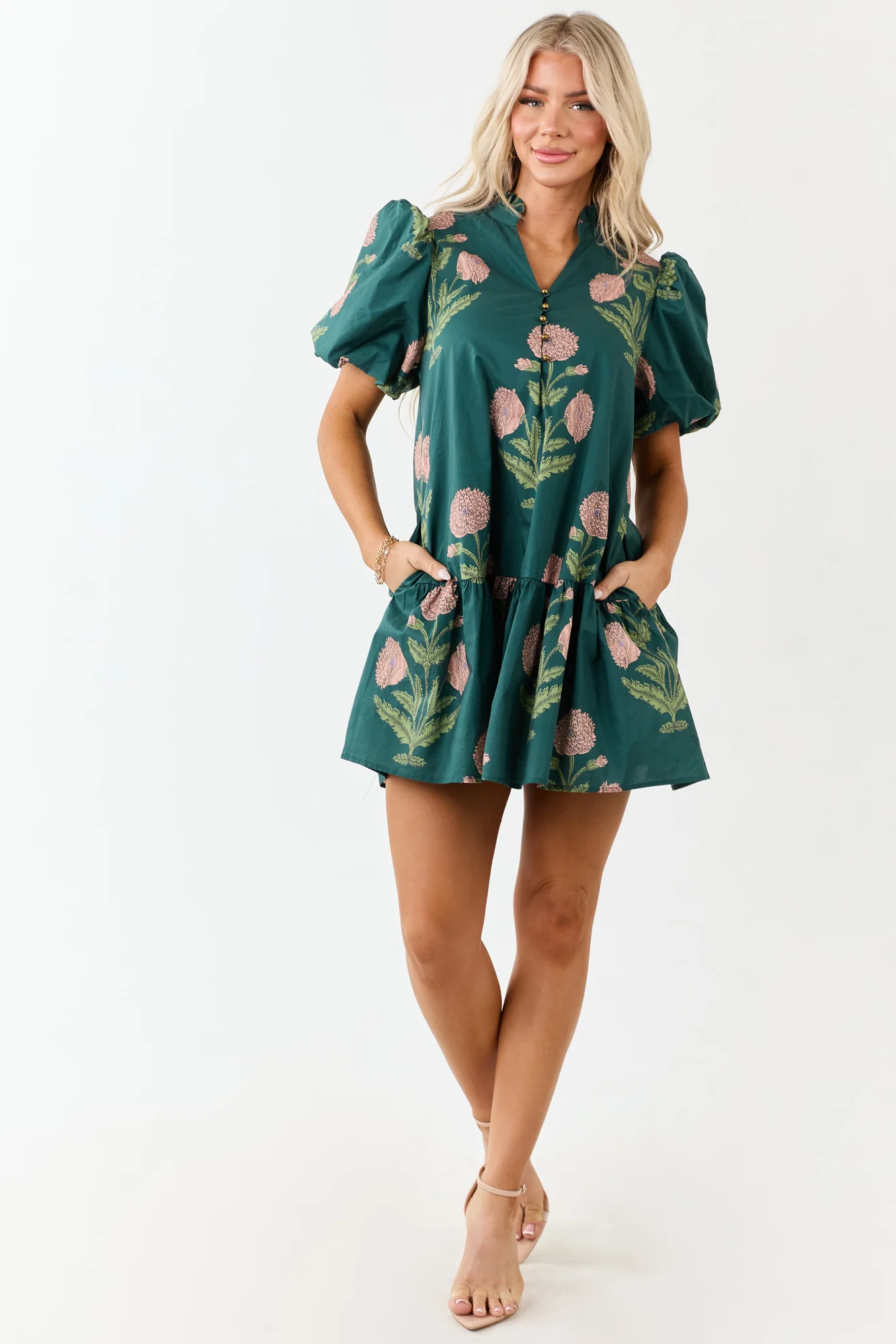 Forest Green Floral Print Tent Style Mini Dress