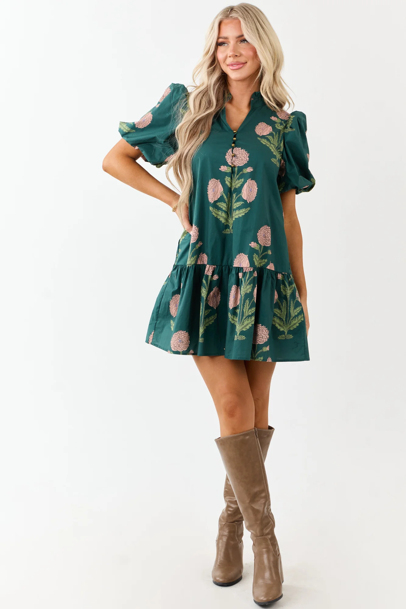 Forest Green Floral Print Tent Style Mini Dress