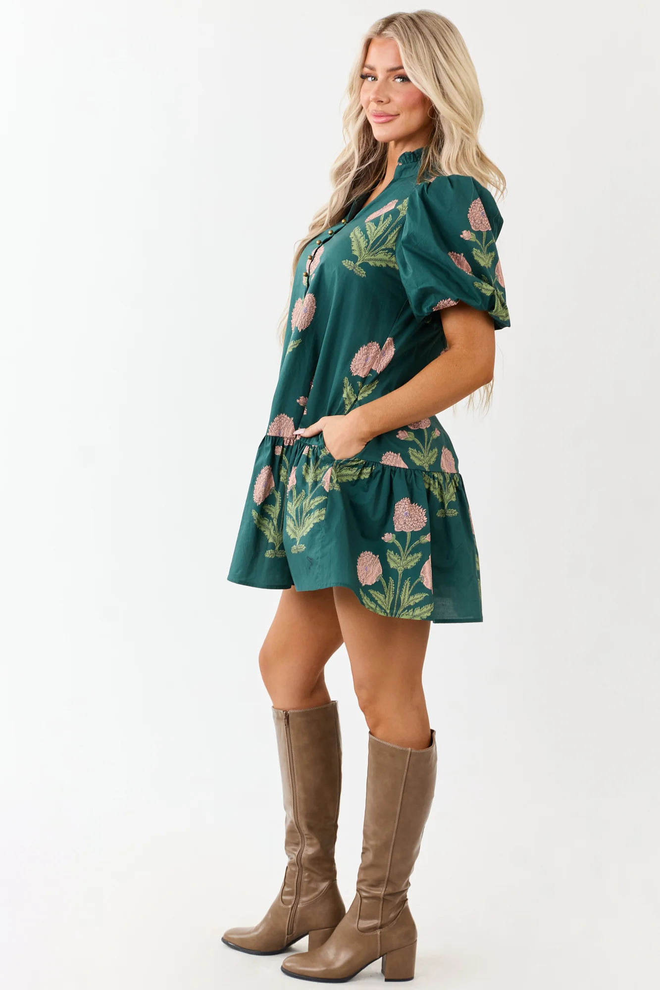 Forest Green Floral Print Tent Style Mini Dress