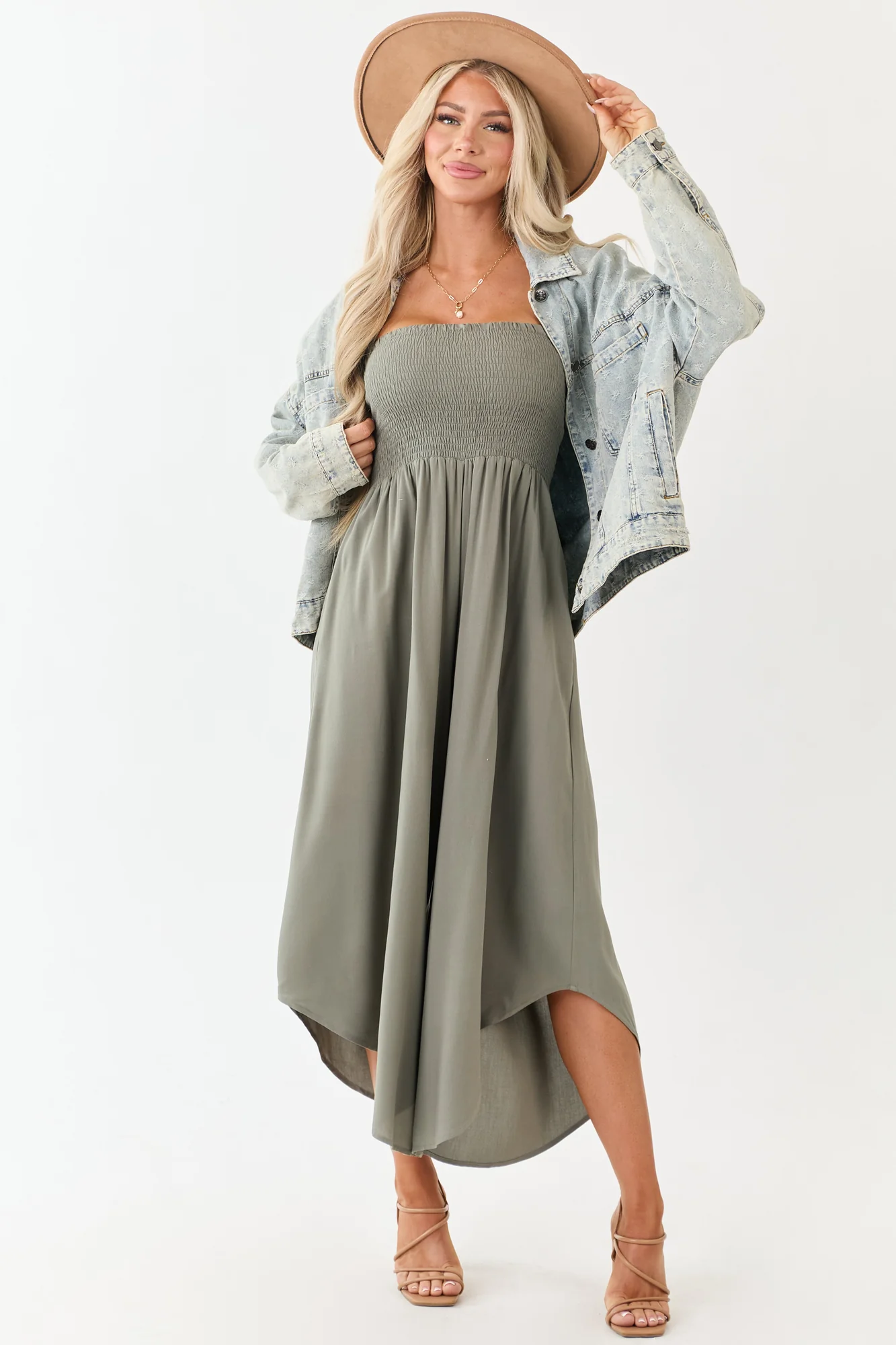 Green Smocked Bodice Strapless Jumpsuit