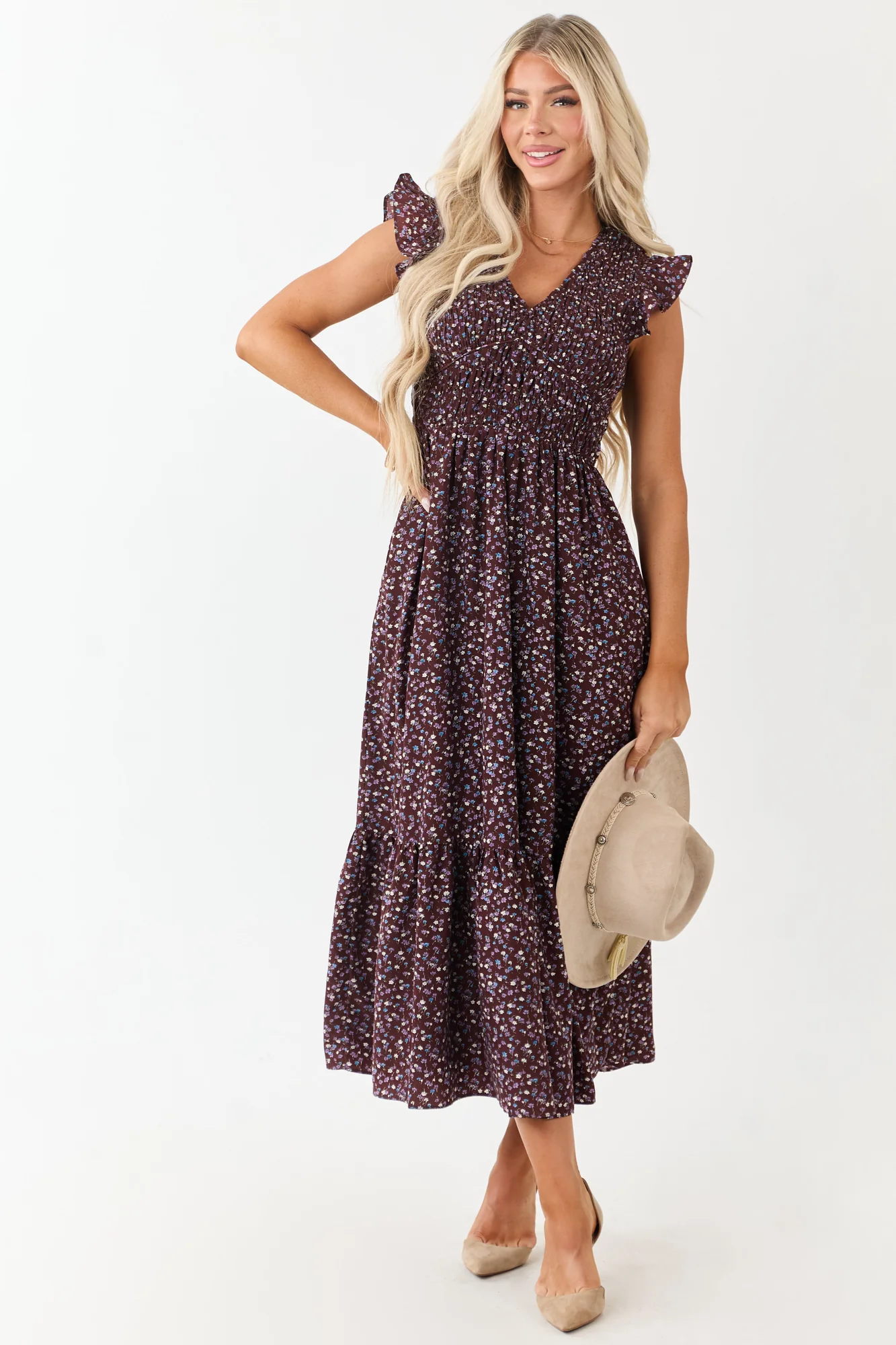 Brown Floral Smocked Bodice Maxi Dress
