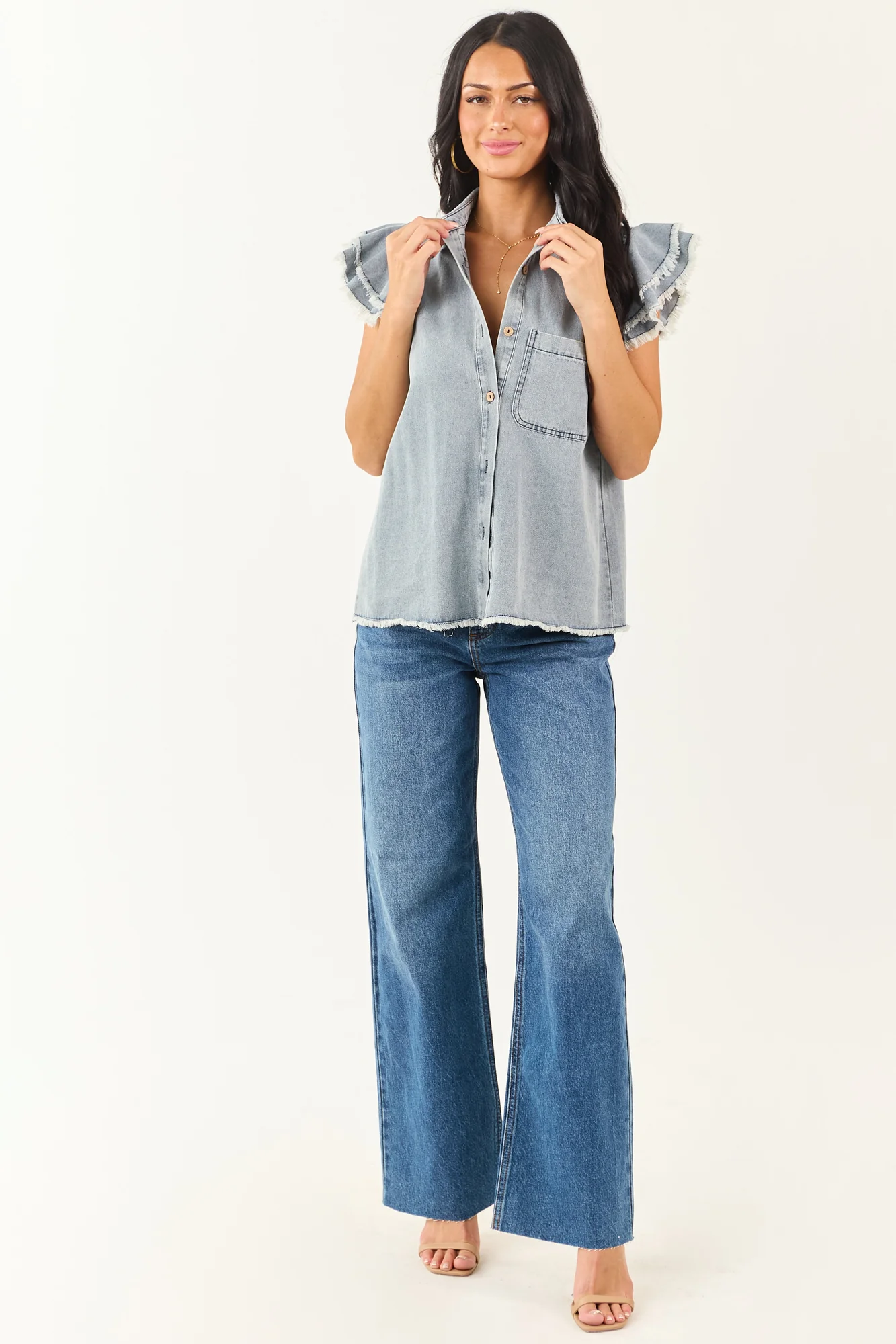 Denim Ruffle Cap Sleeve Button Down Top