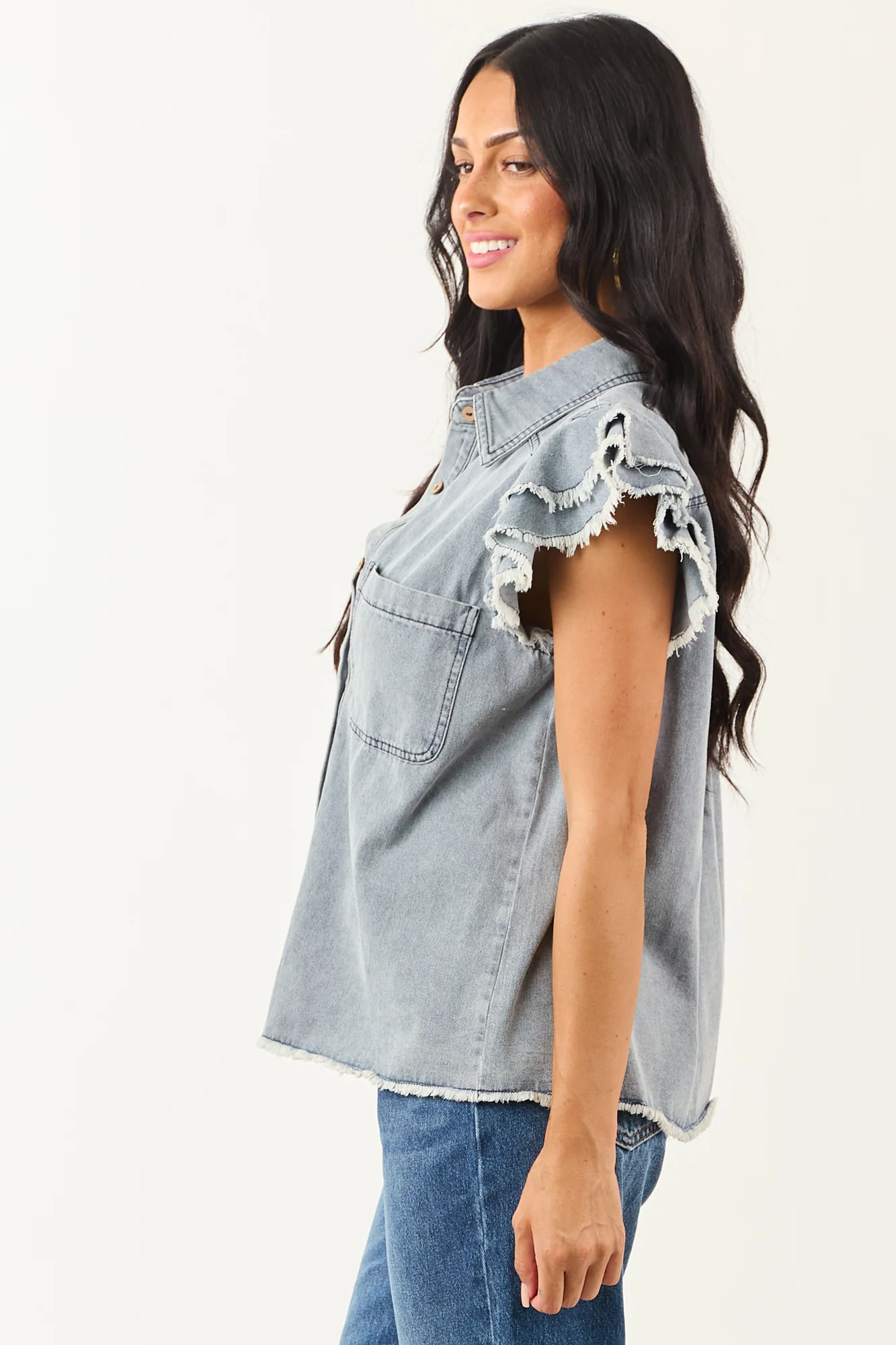 Denim Ruffle Cap Sleeve Button Down Top
